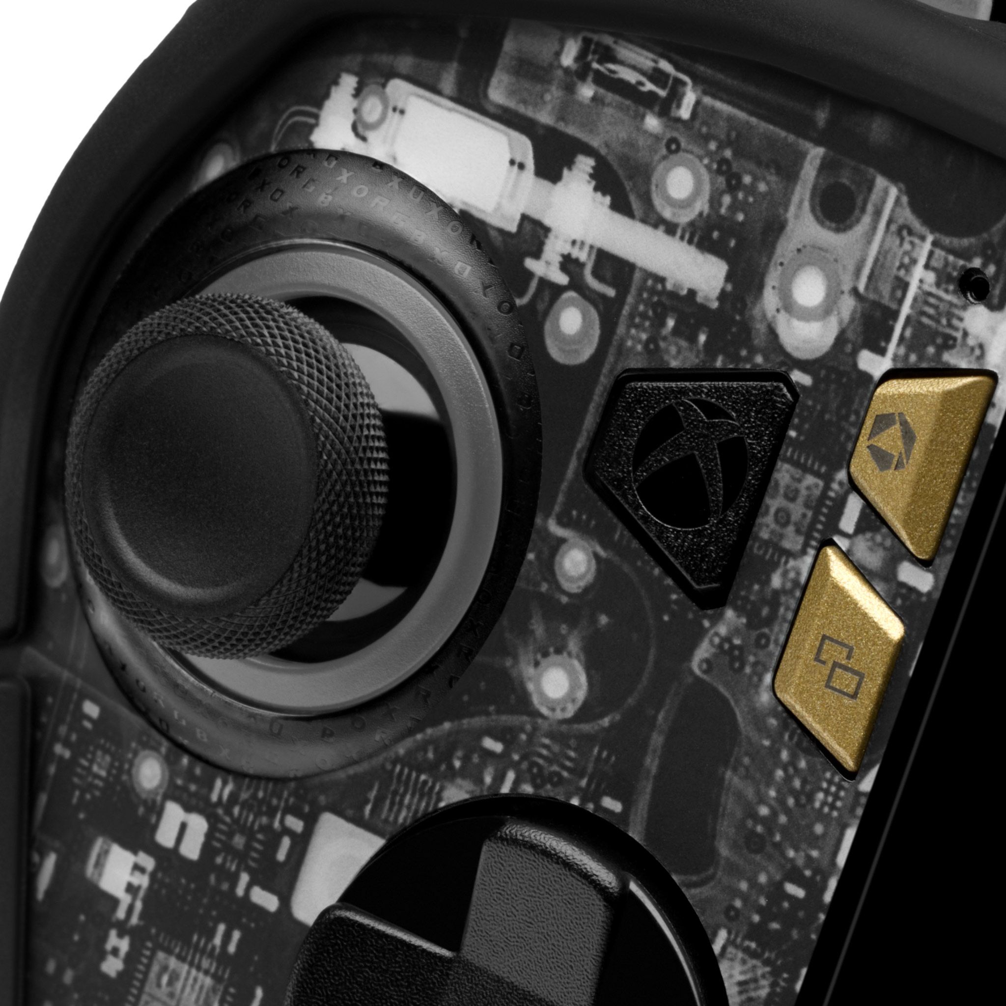A close-up of the left side of an ROG Xbox Ally X20 with our X-Ray (Dark) Skin applied with the left thumbstick and the Xbox, Command Center, and View buttons visible. The skin mimicks an X-Ray Scan of the console.