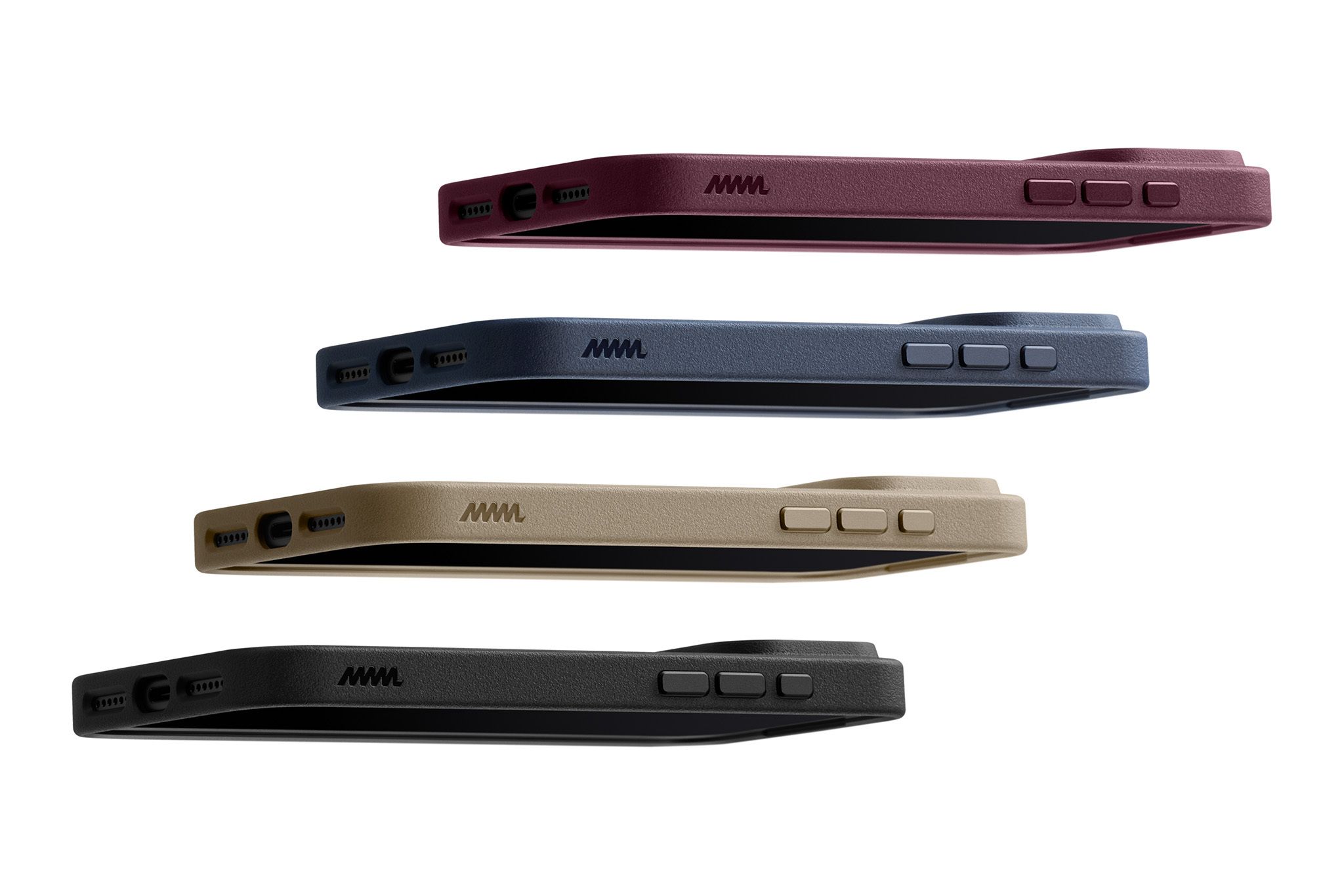 Four cases stacked vertically in four different colorways: Cherry, Navy, Tan, and Black.