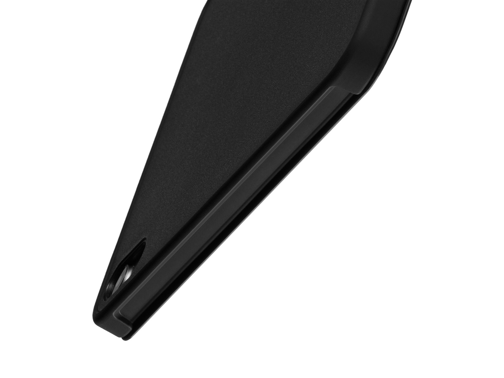 The back of an iPad mini 8 that has our Folio Grip Case applied to it, shown at a downward angle as if it were about to hit the floor.