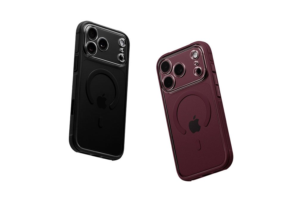 Two iPhone 18 Pro Maxes - the left has our original Black Ghost Case installed, while the right has our Burgundy Ghost Case installed.