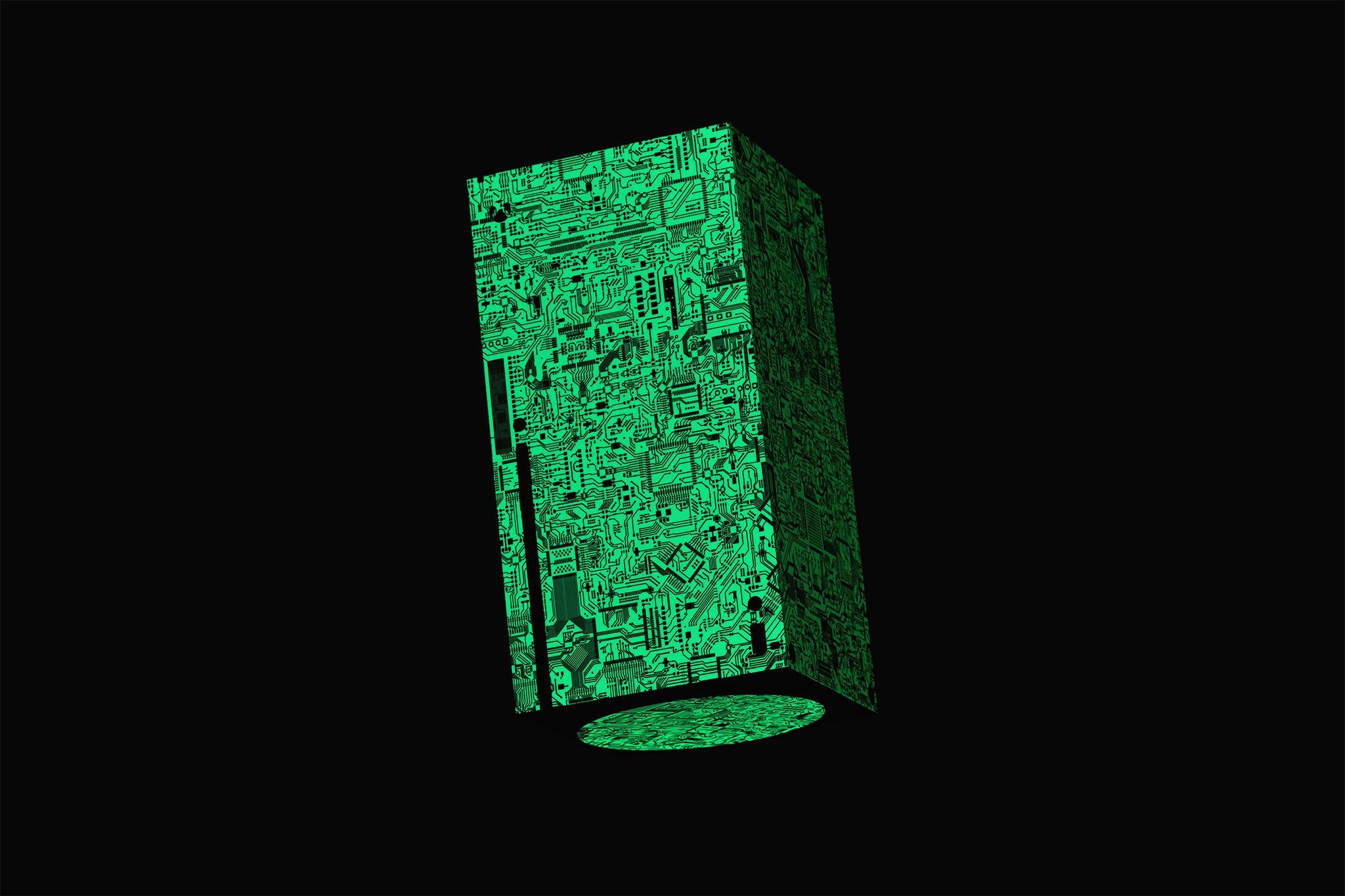 An Xbox Series X seen at a back angle. The device has our Circuit Board Skin on it, showing the fluorescent green tone of the material on a black background.