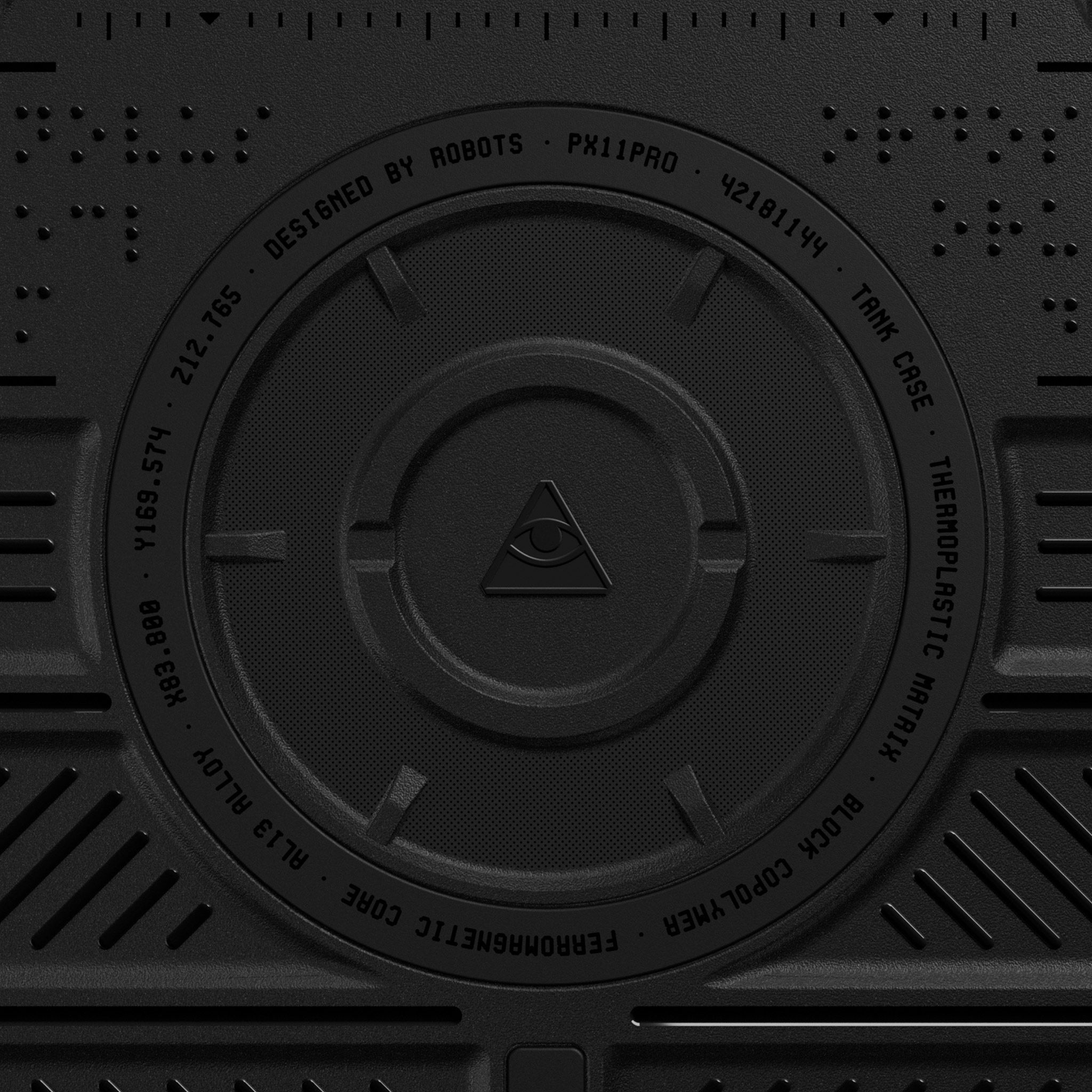A close-up on the center of our Tank Case, showing a triangle with an eye in the middle surrounded by ridges and text.