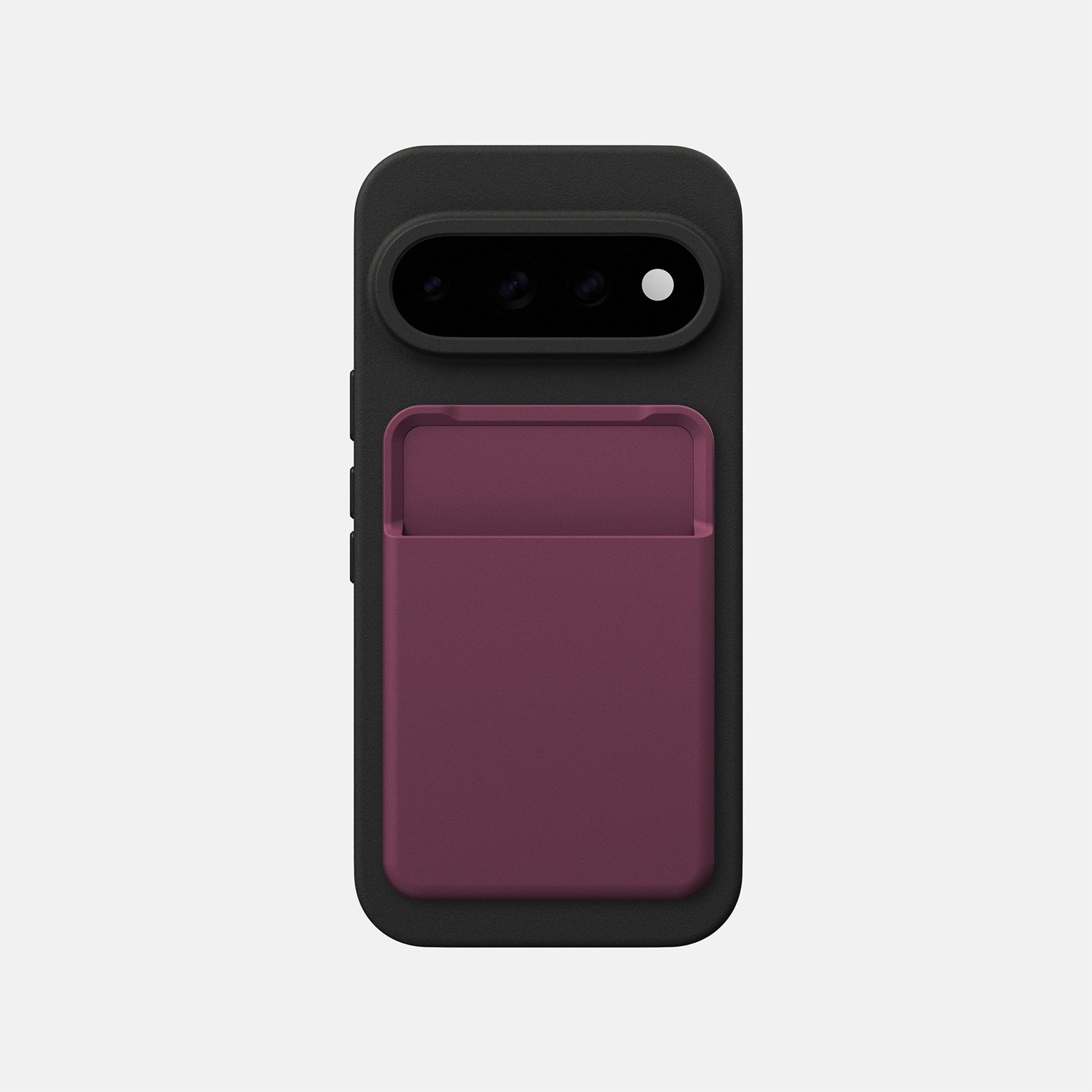 A slim wallet in the Cherry colorway attached to a Black case.