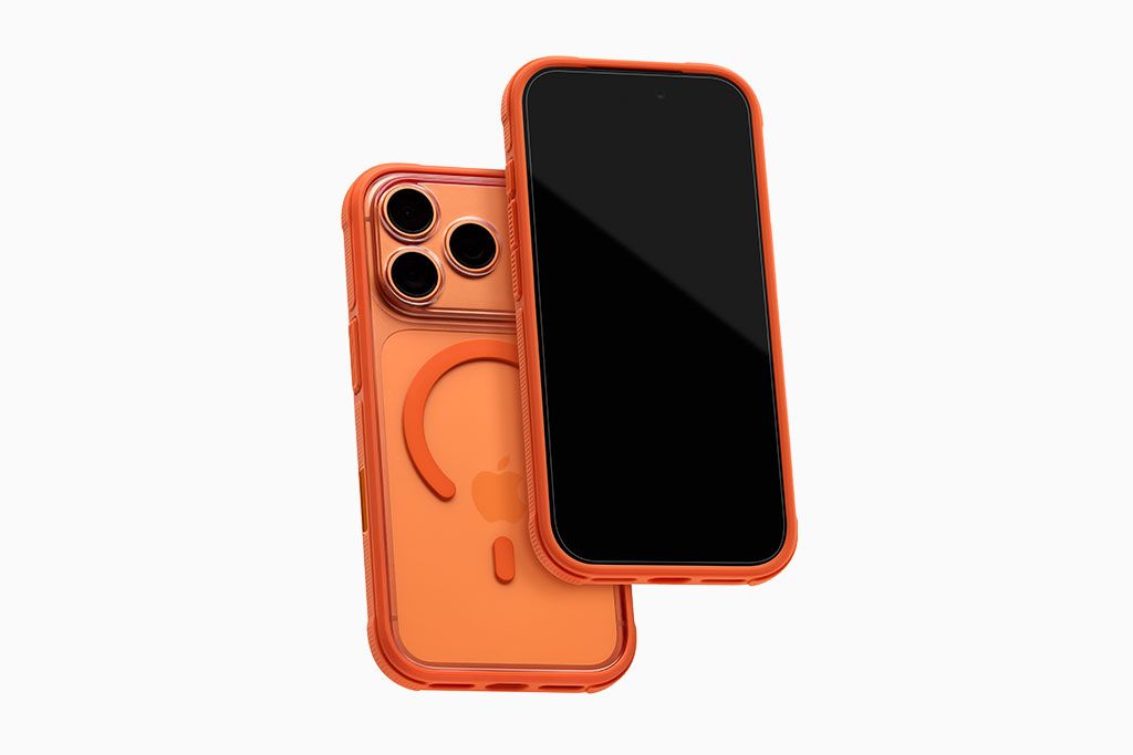 The back of an orange iPhone 17 Pro Max with a dbrand Ghost Case installed. In front of it is an iPhone 17 Pro Max with a dbrand Ghost Case and a Prism 2.0 installed, shown from the front.