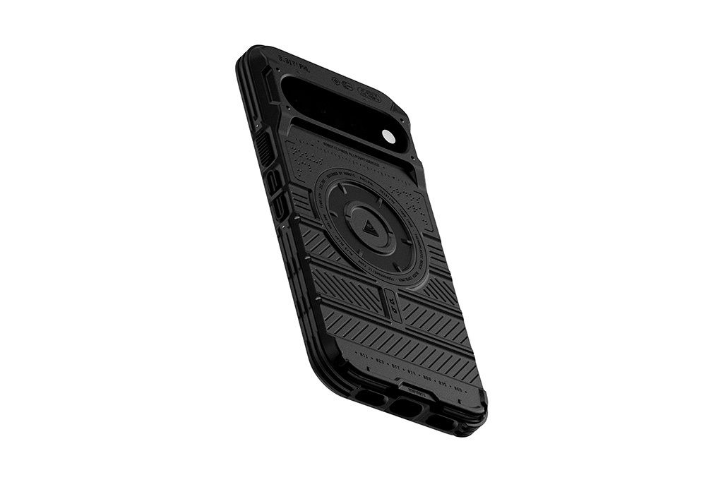 A Pixel 11 Pro XL with a Tank Case installed, shown at an angle.