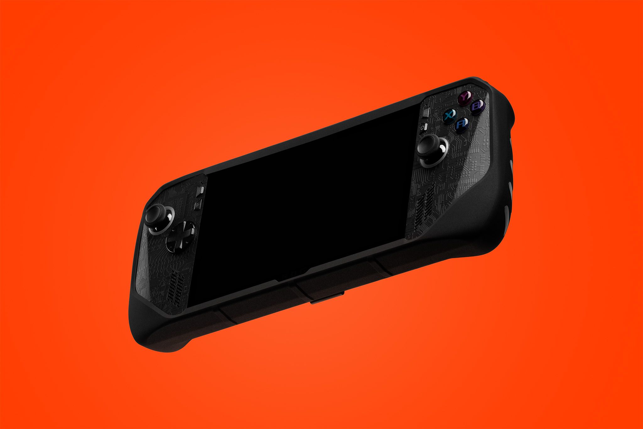 An ROG Ally with our Killswitch, seen from the front. The right side of the console is visible - our Dark Circuit Skin can be seen applied to the front face of the console.