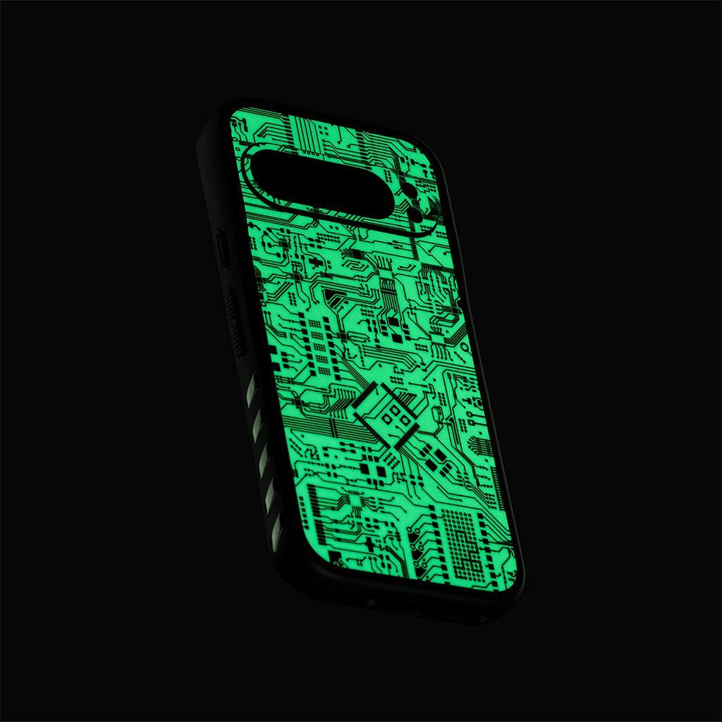 A Pixel 9 Pro with our Grip Case applied, seen from the back. The Grip Case has a Glow Circuit Grip Skin applied on the back plate, showing the fluorescent tone against a black backdrop.