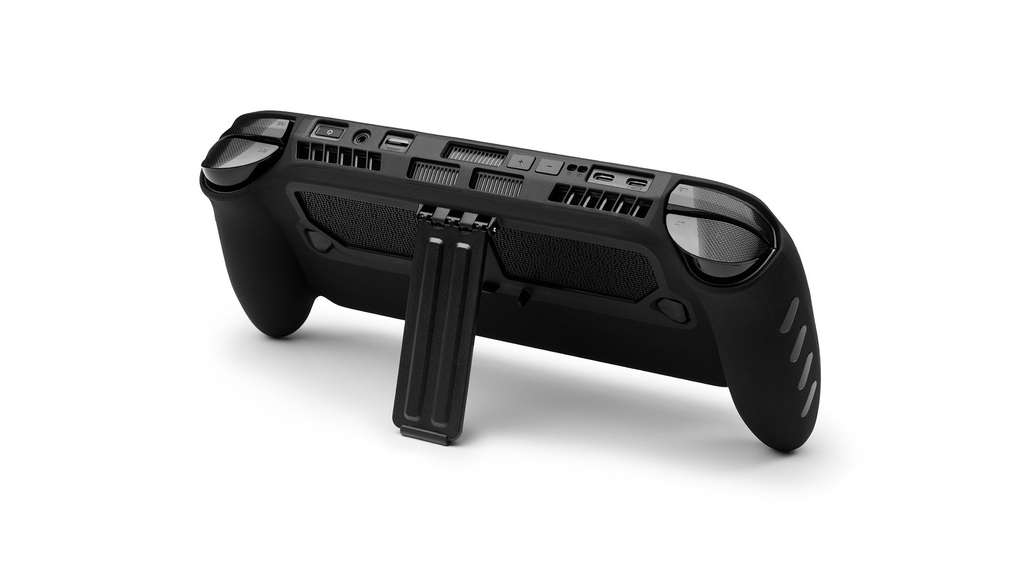 An ROG Xbox Ally X20 with our Killswitch Case applied, seen from the back. The built-in mechanical kickstand can be seen on the back, propping up the device. 