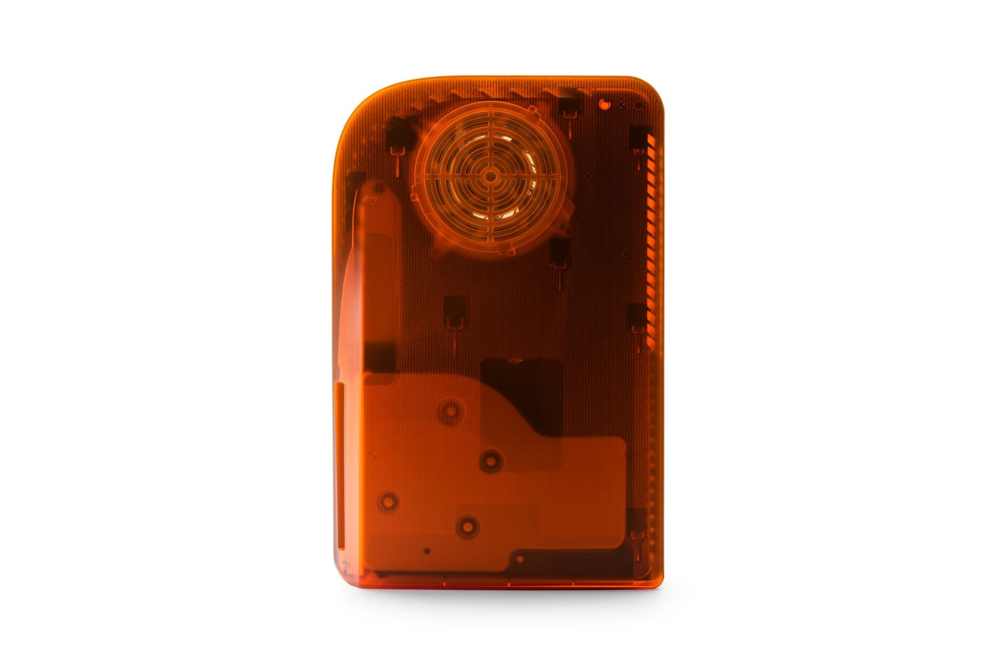 The side view of a PlayStation 5 with our Fire Orange Darkplates installed. The full side of the console is visible.