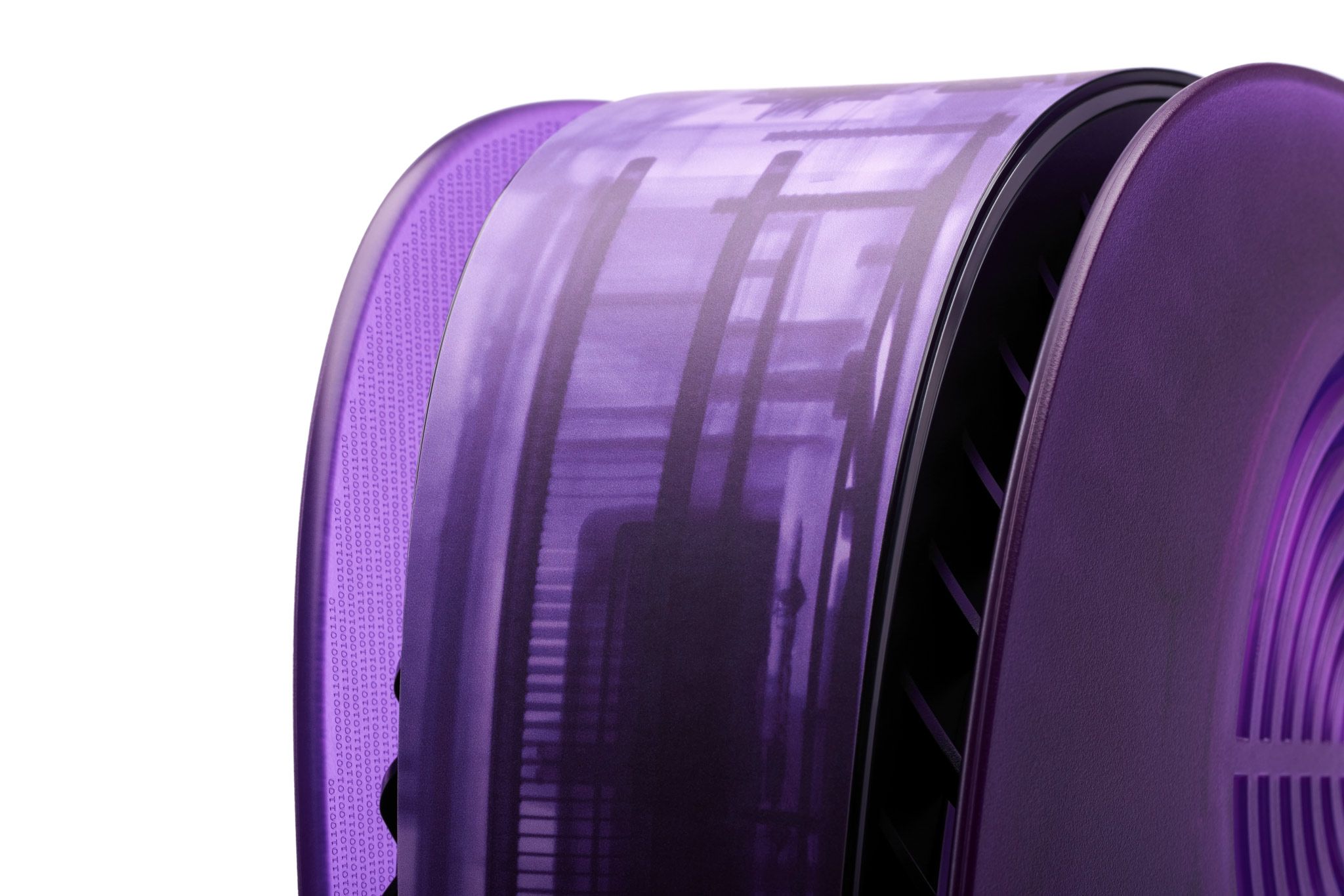 A close-up of the front of a PlayStation 5, with our Atomic Purple Middle Skin and Darkplates applied to the console.