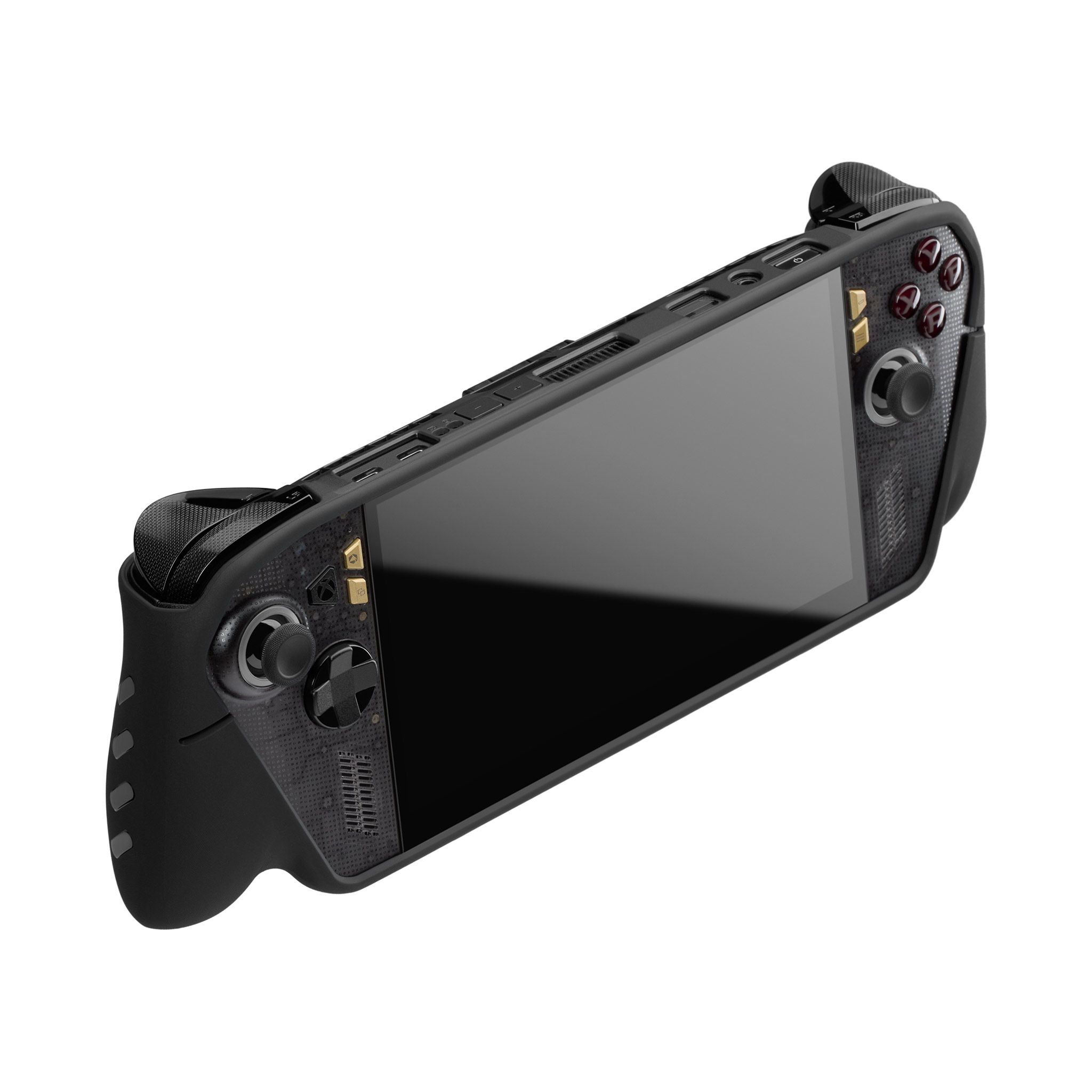 An ROG Xbox Ally X20, seen from a top-down perspective the front face of the device visible to the viewer. The console has our Killswitch Case applied to it.