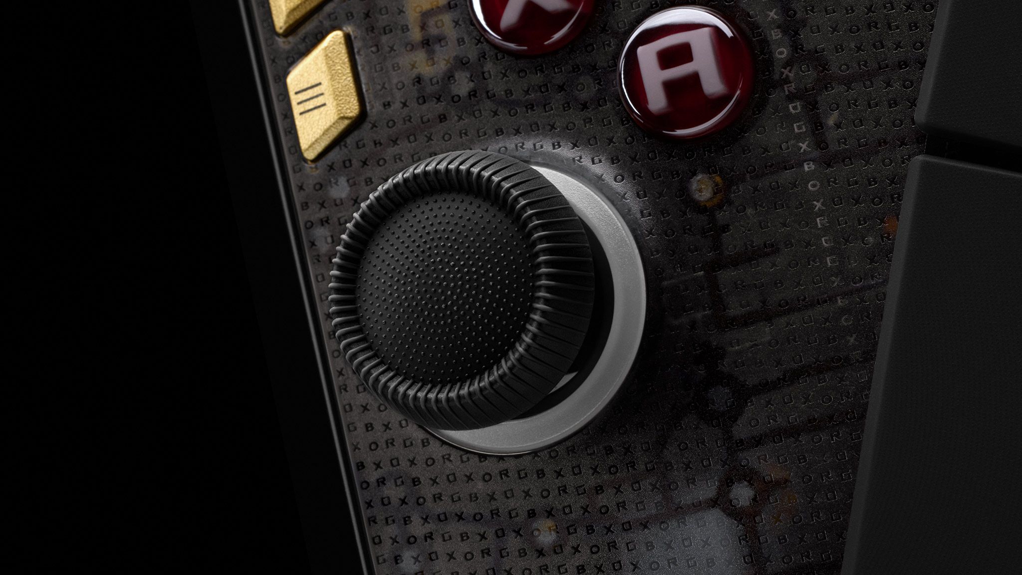 A close-up of our Stick Grips for the ROG Xbox Ally X20, showing the textured ergonomic convex shape, the microdots in the middle of the stick, and the ridges on the edge.