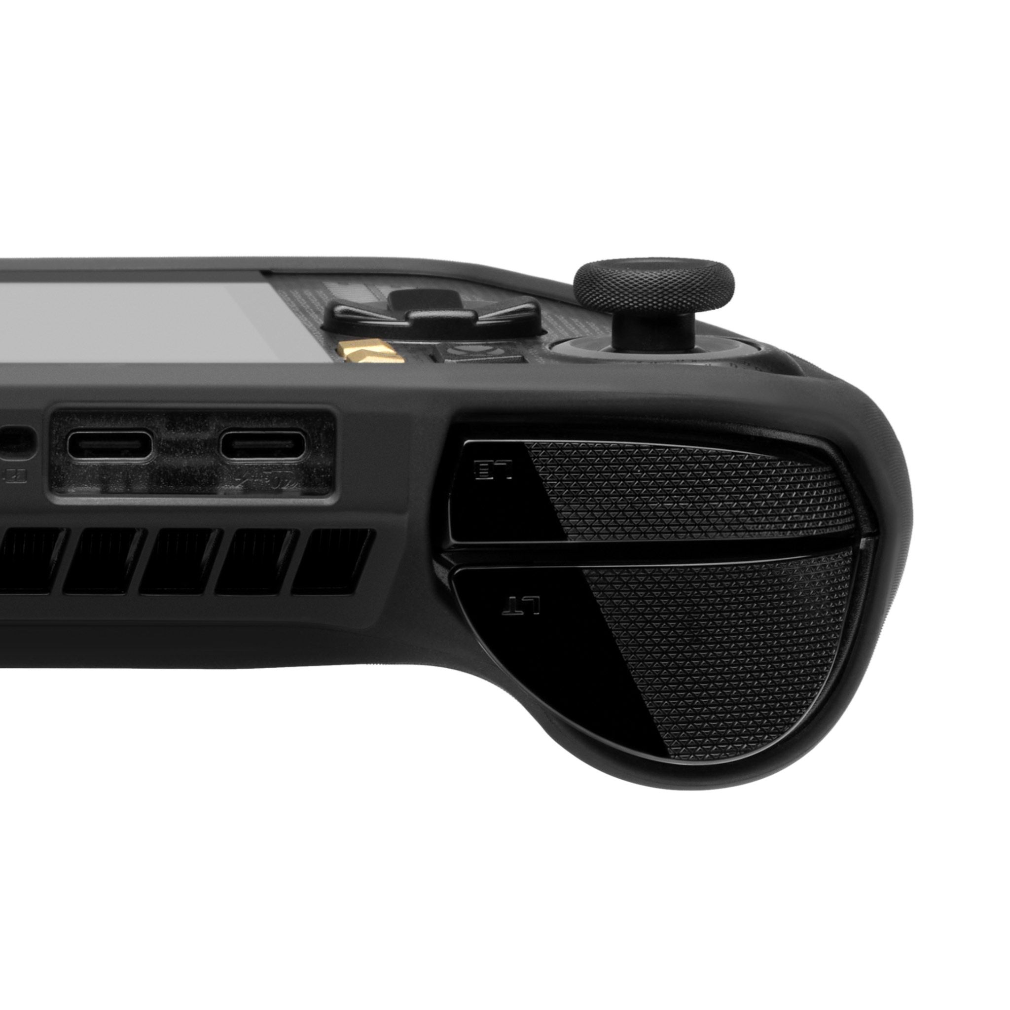 An ROG Xbox Ally X20 with our Killswitch applied to it, with the top vents facing the viewer. The Killswitch surrounds the unutilized portions of the device.