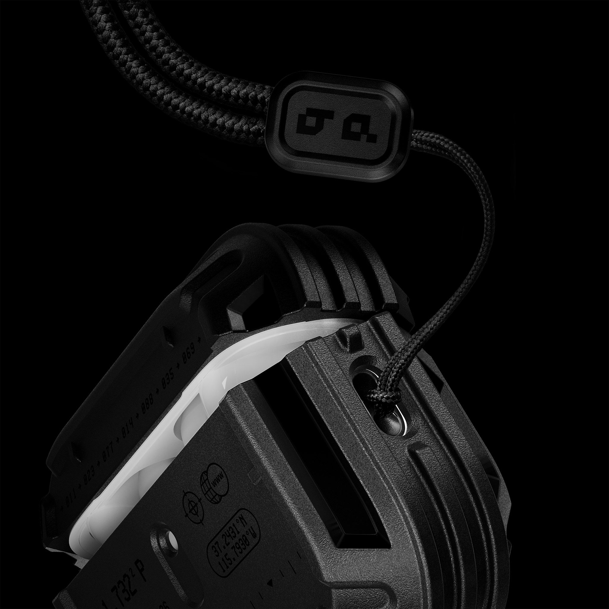 The right side of our AirPods Pro 3 Tank Case, showing the lanyard hole with the included lanyard. 
