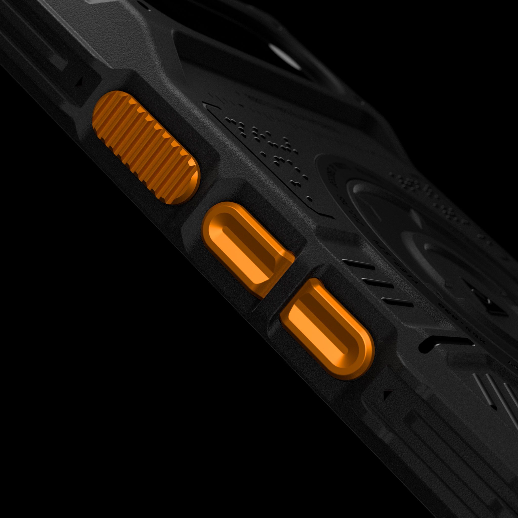 A close-up of the right side of our Tank Case on a Pixel 11 Pro, showing the textured volume and power buttons. The buttons are orange, from our Napalm button pack.