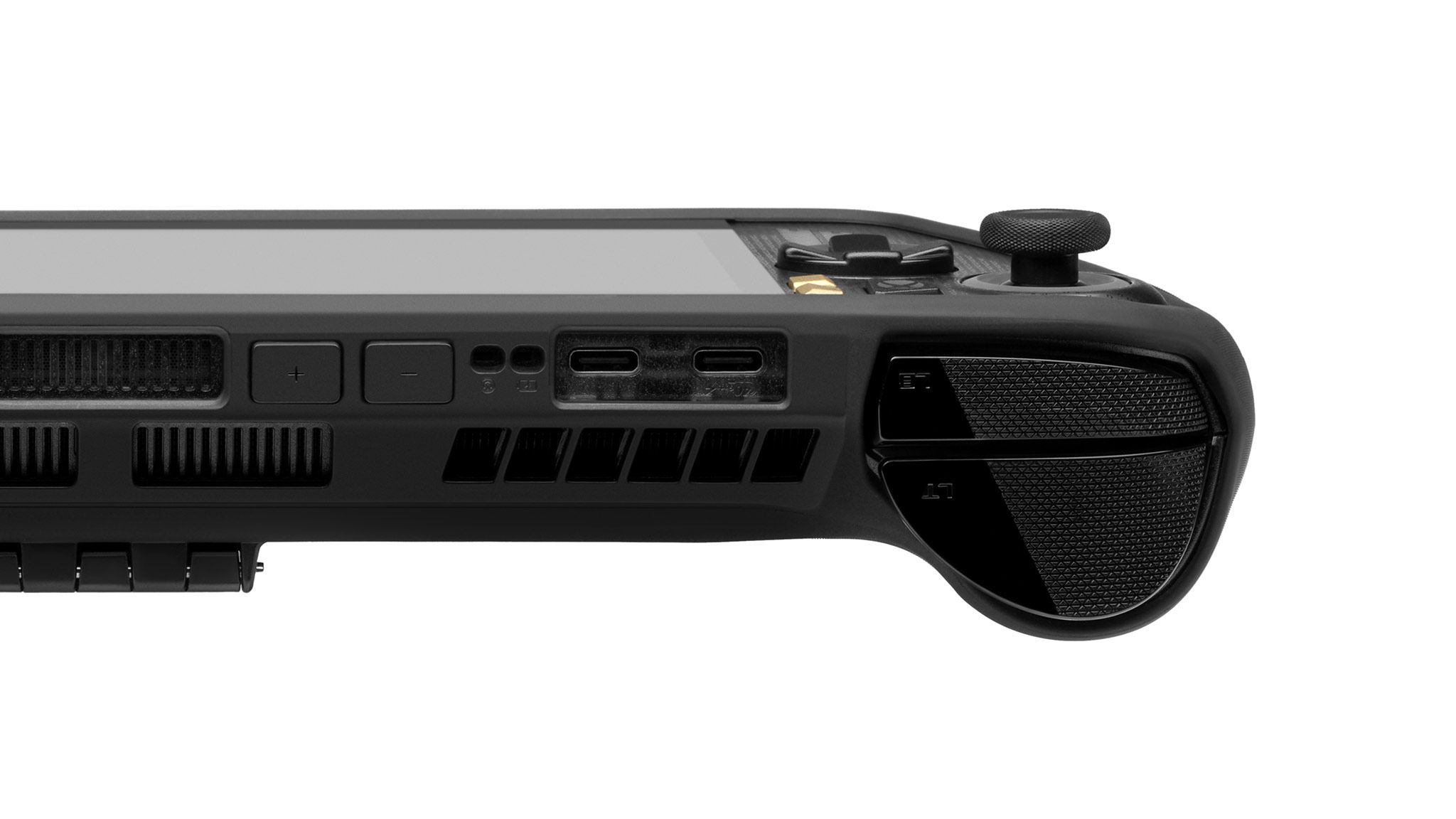 An ROG Xbox Ally X20 with our Killswitch applied to it, with the top vents and volume buttons facing the viewer. The Killswitch surrounds the unutilized portions of the device.