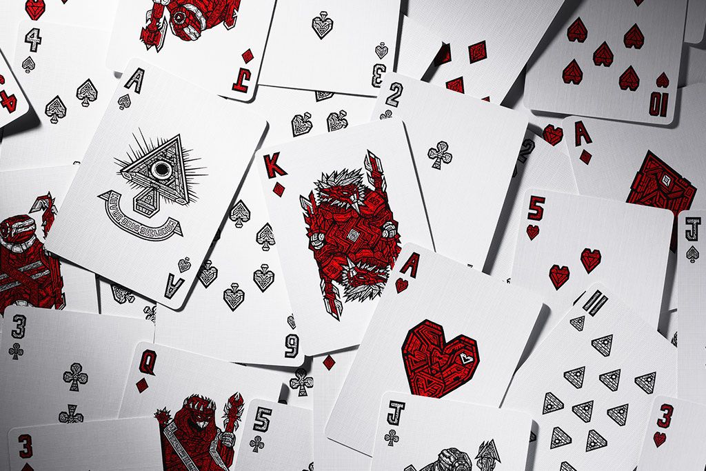 A chaotic stack-up of custom dbrand playing cards