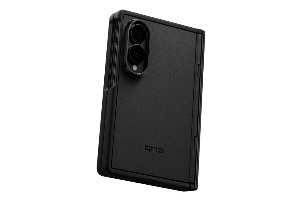A Galaxy Z Fold 8 with a Grip Case installed shown at an angle in matte black. 