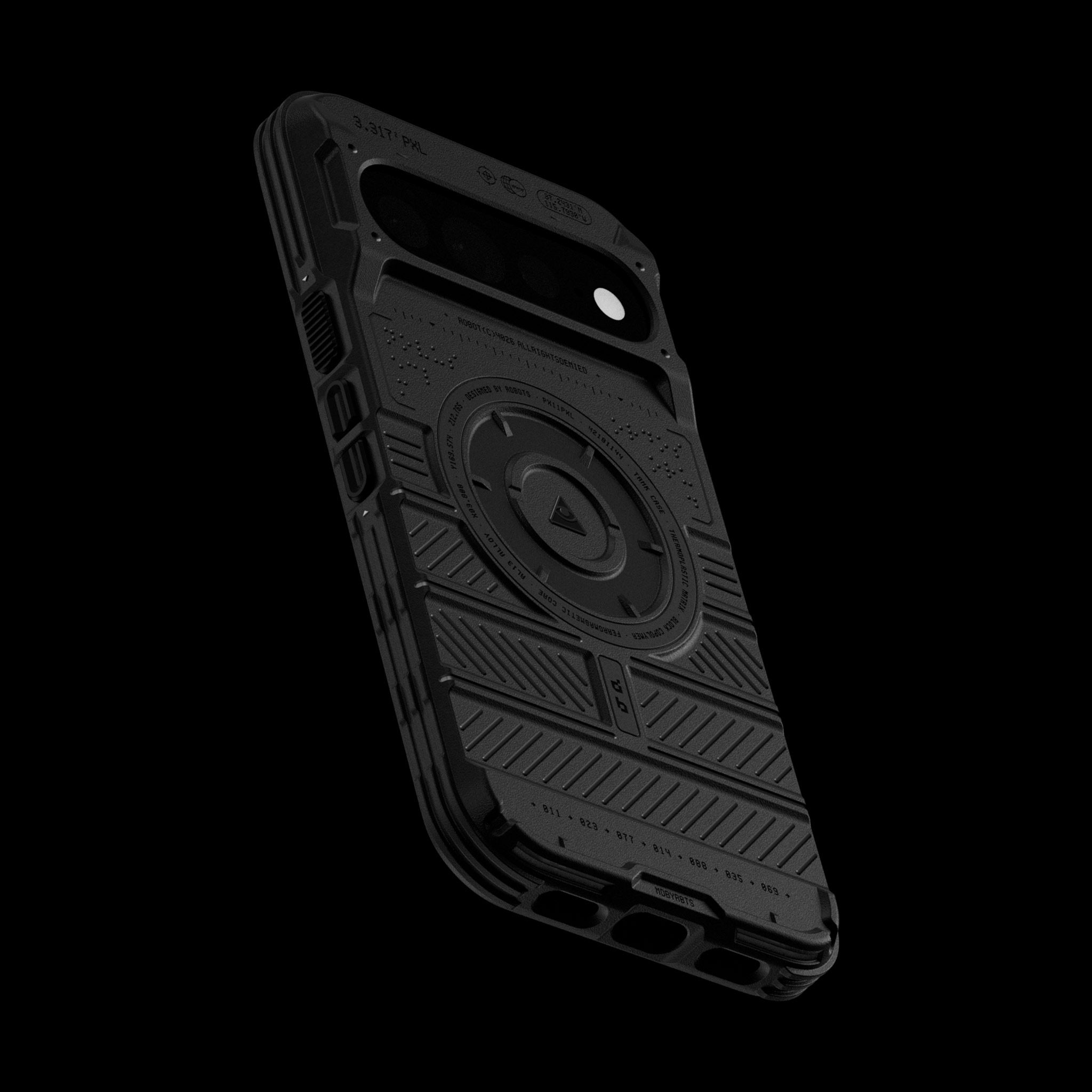 The back of a Pixel 11 Pro with our Tank Case on it, seen from an upward angle. 