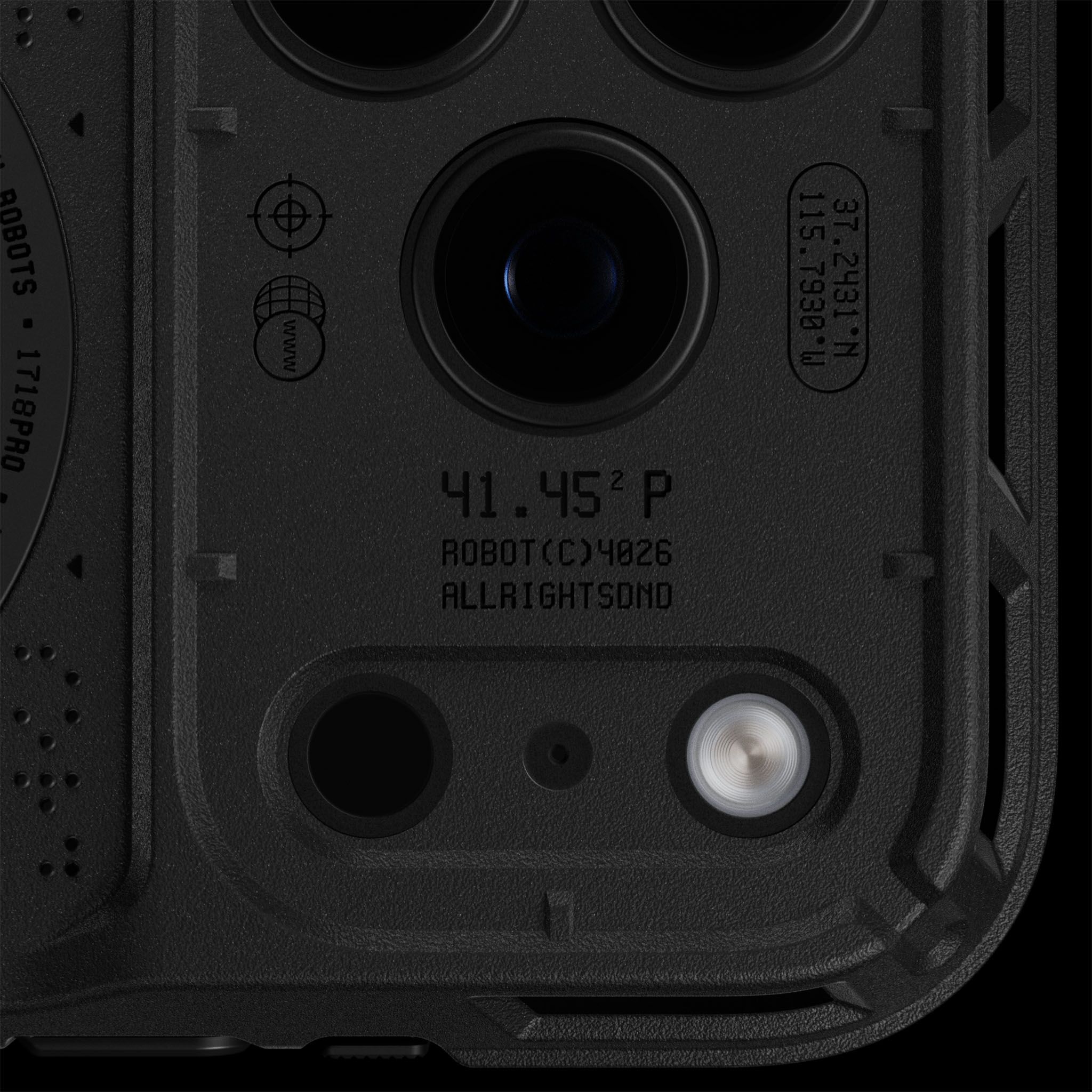 An iPhone 18 Pro laid on its right side with our Tank Case on it, showing the unobstructed camera module protected by the Tank Case.