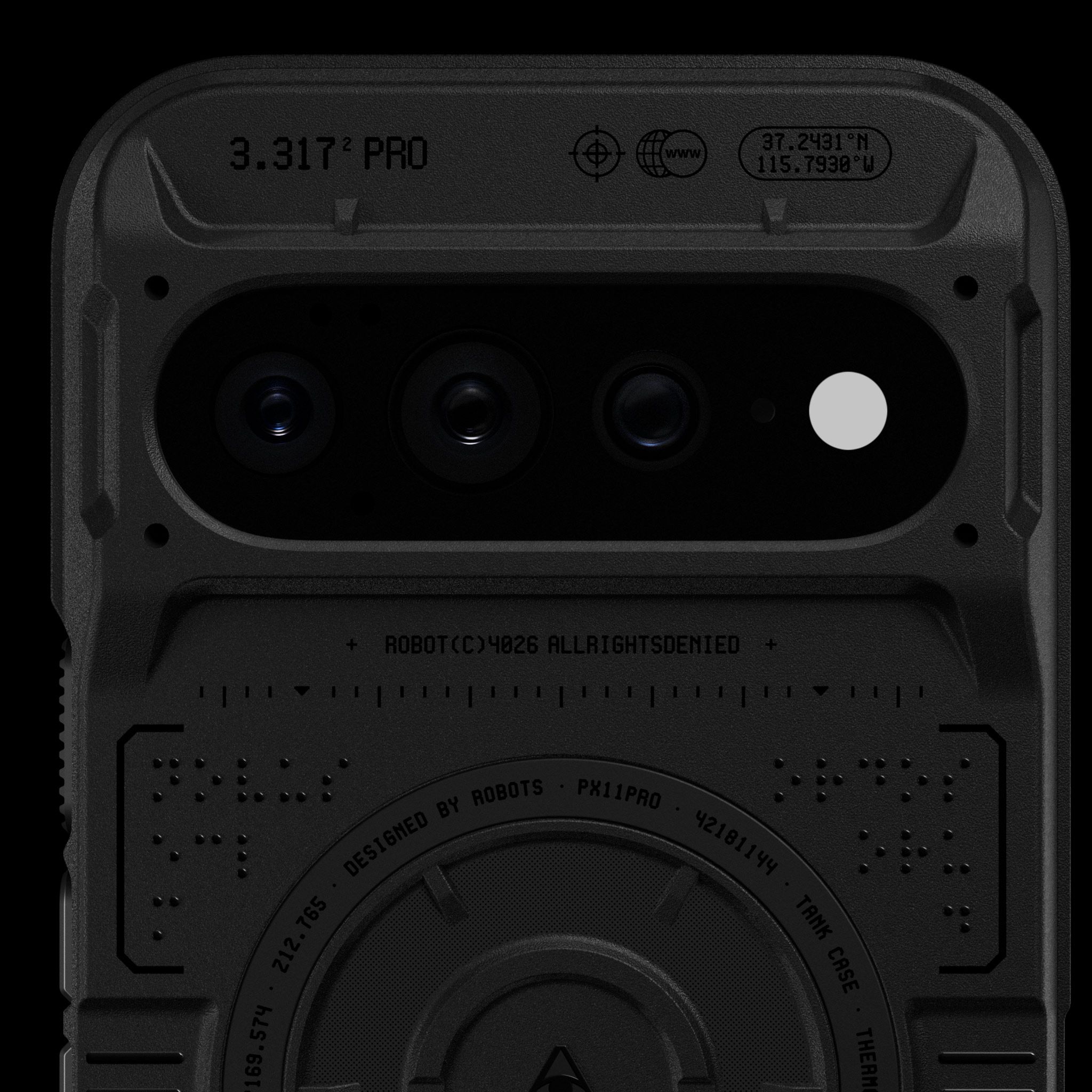 A Pixel 11 Pro laid on its right side with our Tank Case on it, showing the unobstructed camera module protected by the Tank Case.