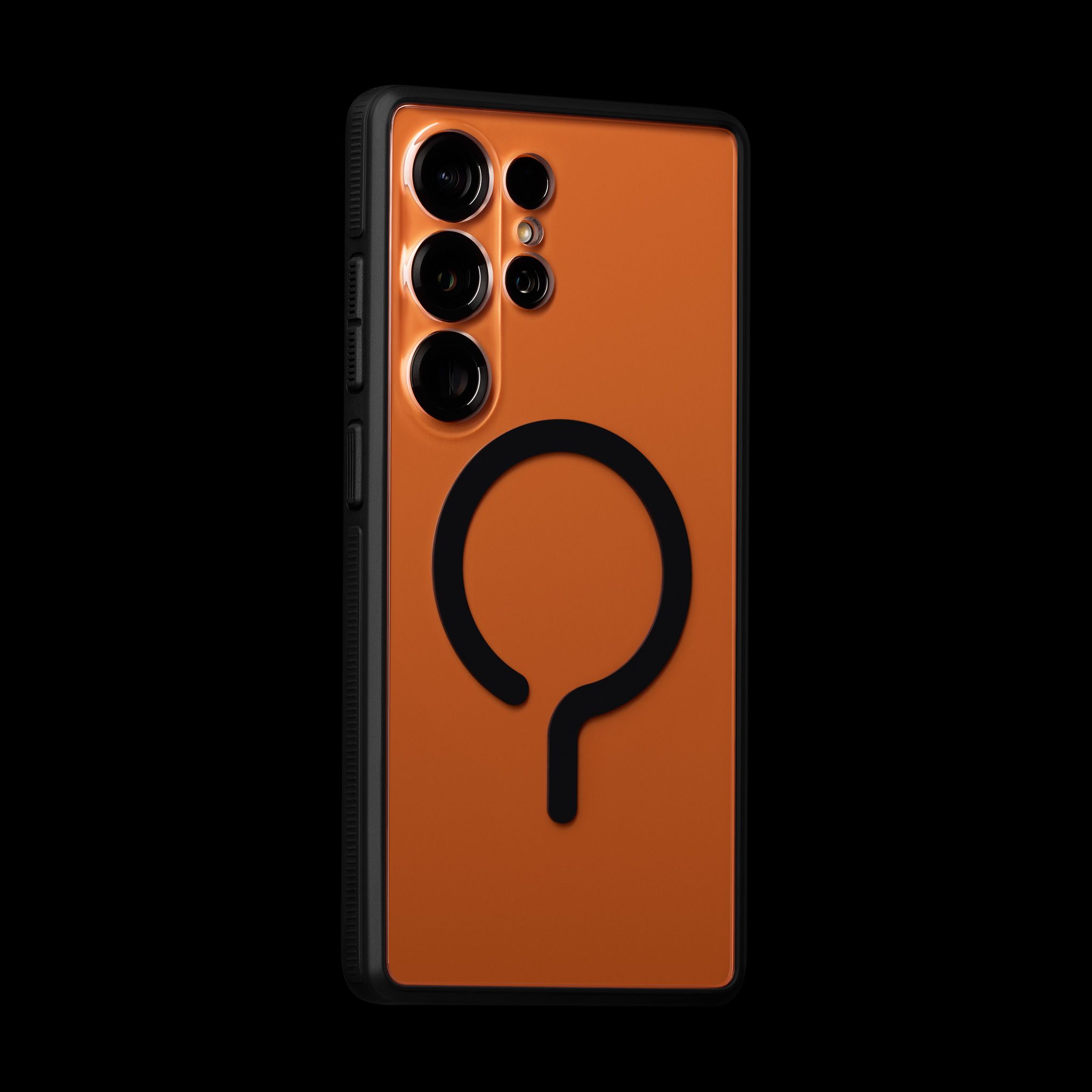 The back of an S25 Ultra, with our Ghost Case applied to it. Underneath the Ghost Case (applied to the device) is our Cosmic Orange Skin. 