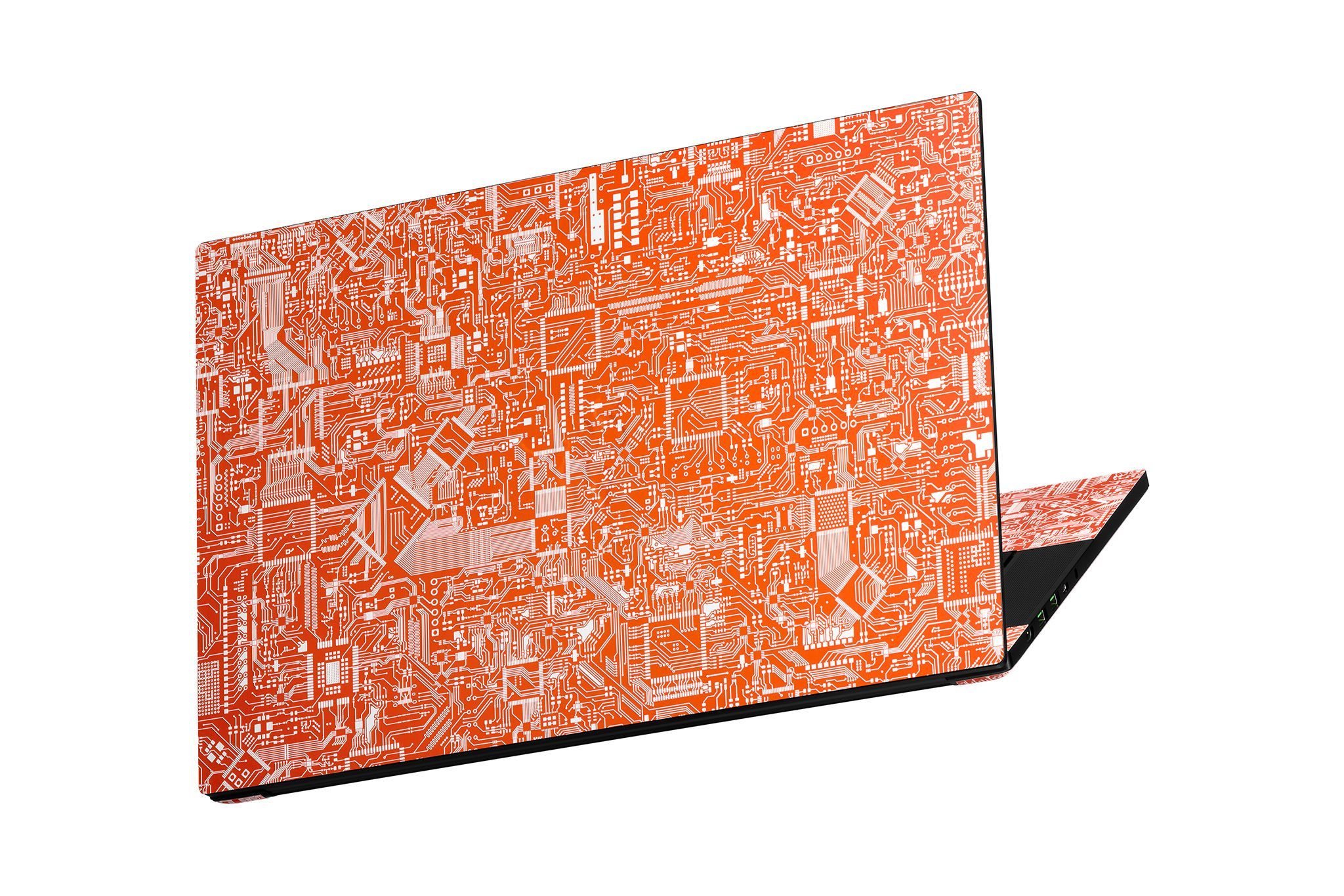 A Razer Blade 15 laptop with the lid partially open, with the lid facing the viewer. The top surface and the palmrest of the laptop are both partially visible, skinned in our Short Circuit material. 