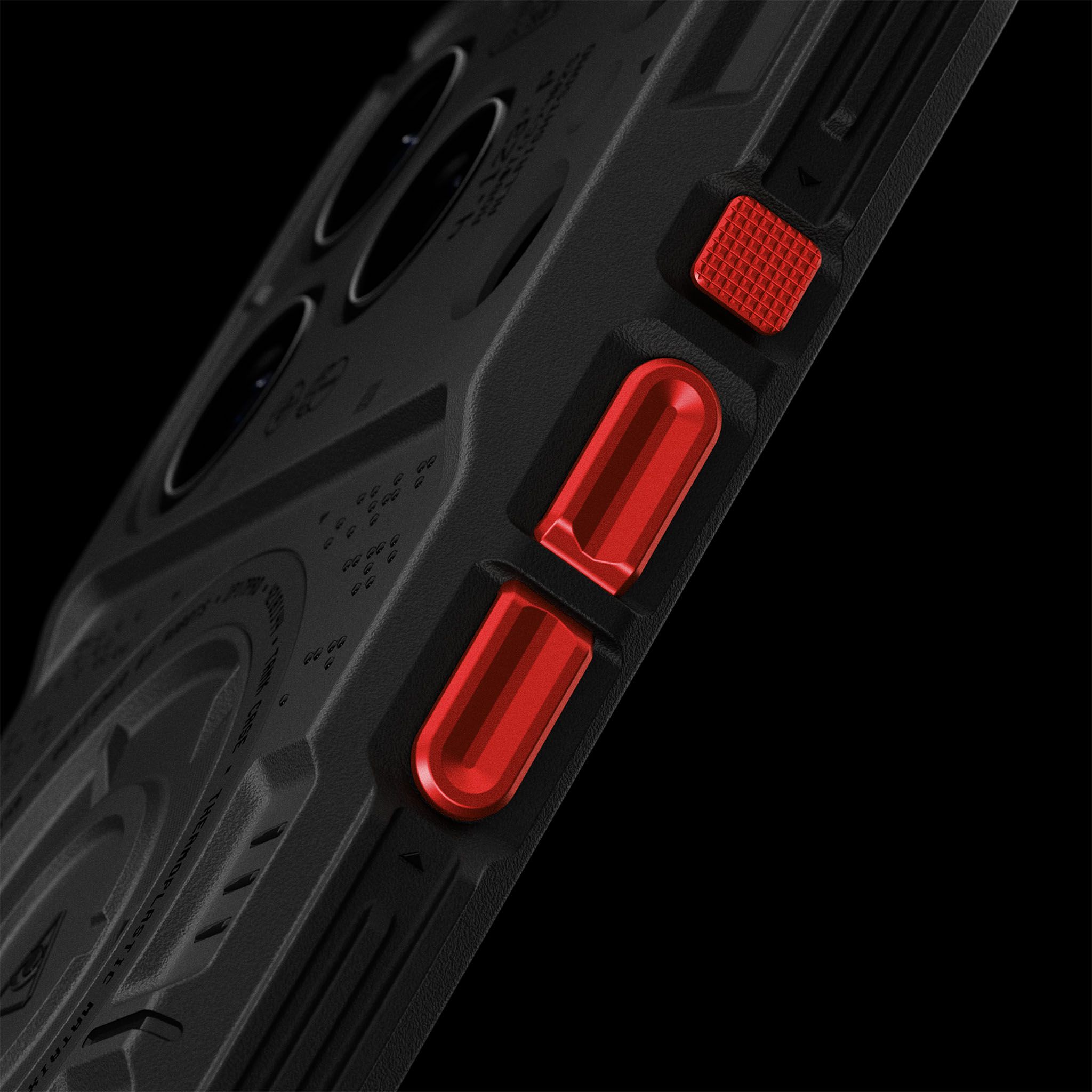 A close-up of the right side of our Tank Case on an iPhone 18 Pro, showing the textured volume and power buttons. The buttons are orange, from our Napalm button pack.