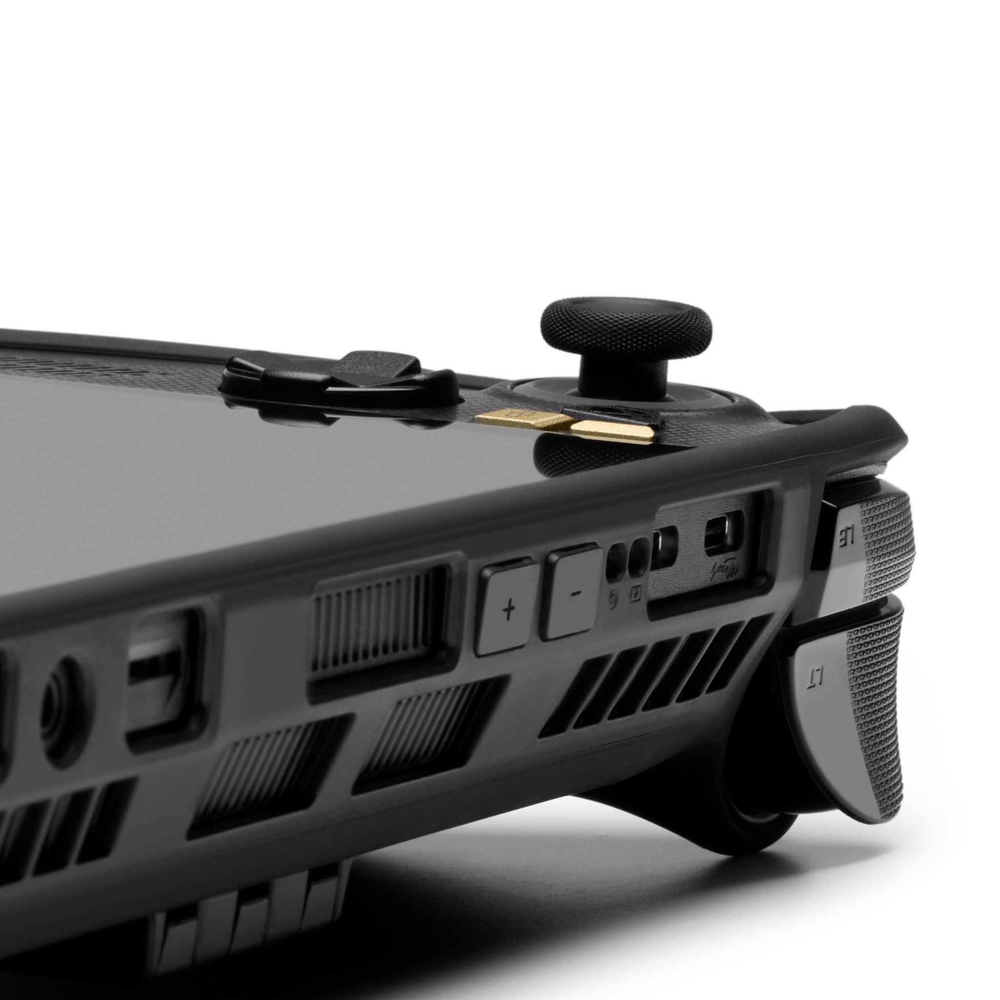 An ROG Xbox Ally X20 laid on a flat surface, with the top interface of the device facing the viewer. The volume buttons, ports, and left triggers are all visible in the frame, with the Killswitch Case applied to the device. 