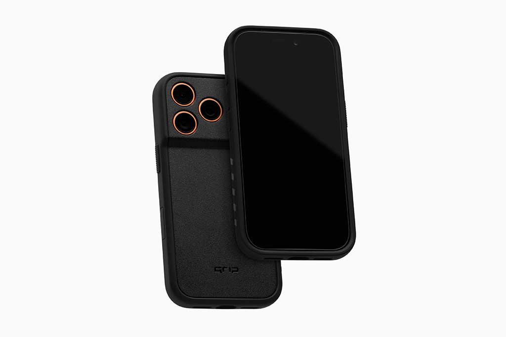 The back of an orange iPhone 17 Pro Max with a dbrand Grip Case applied to it. In front of it is another iPhone 17 Pro Max with a dbrand Grip Case, shown from the front.