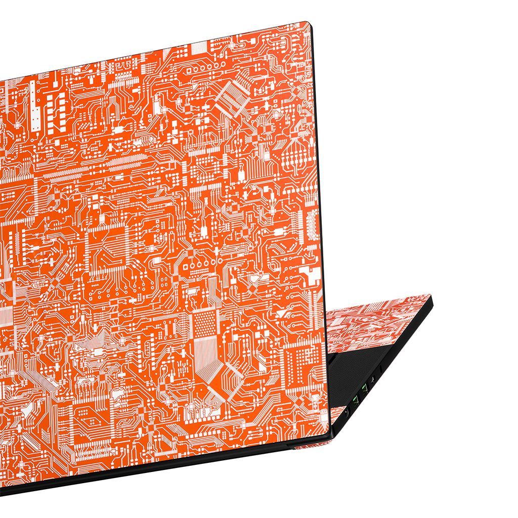 A Razer Blade 15 laptop with the lid partially open, with the lid facing the viewer. The top surface and the palmrest of the laptop are both partially visible, skinned in our Short Circuit material. 