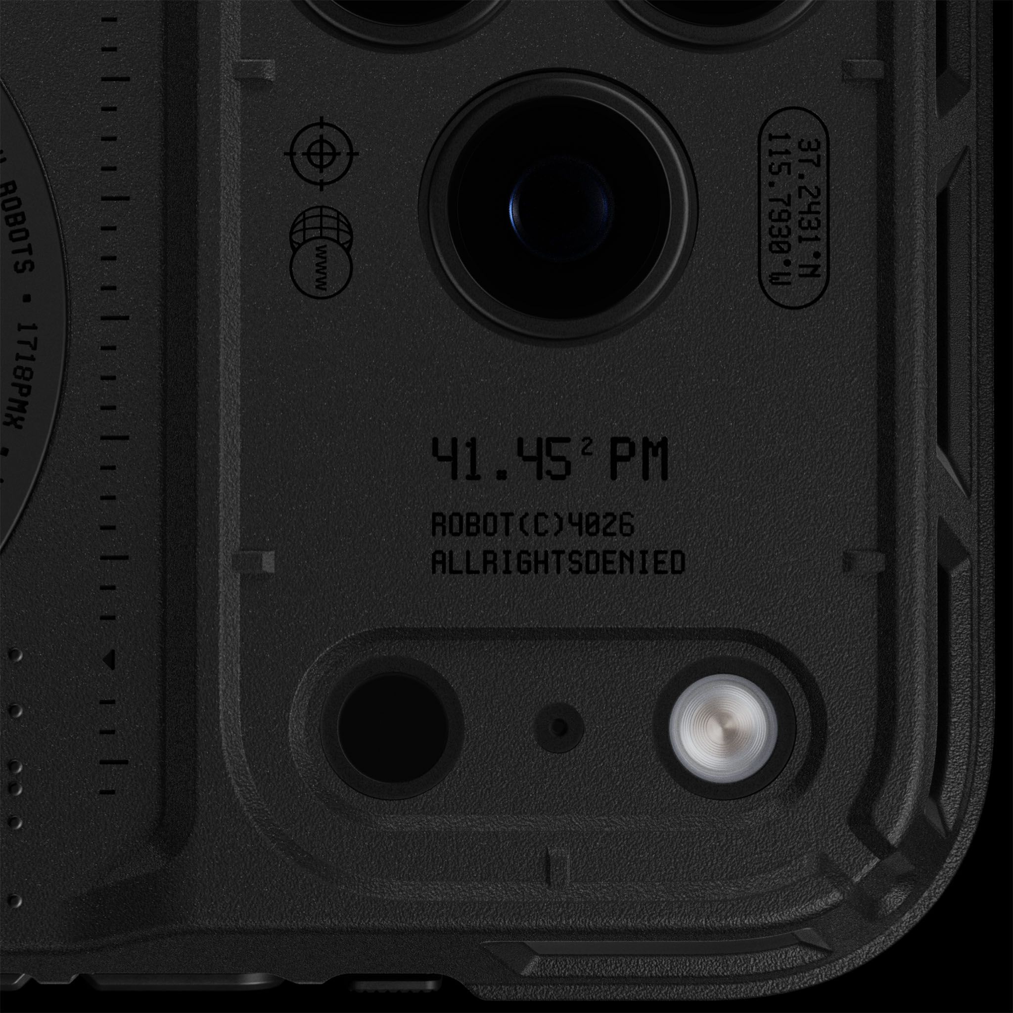 An iPhone 18 Pro Max laid on its right side with our Tank Case on it, showing the unobstructed camera module protected by the Tank Case.