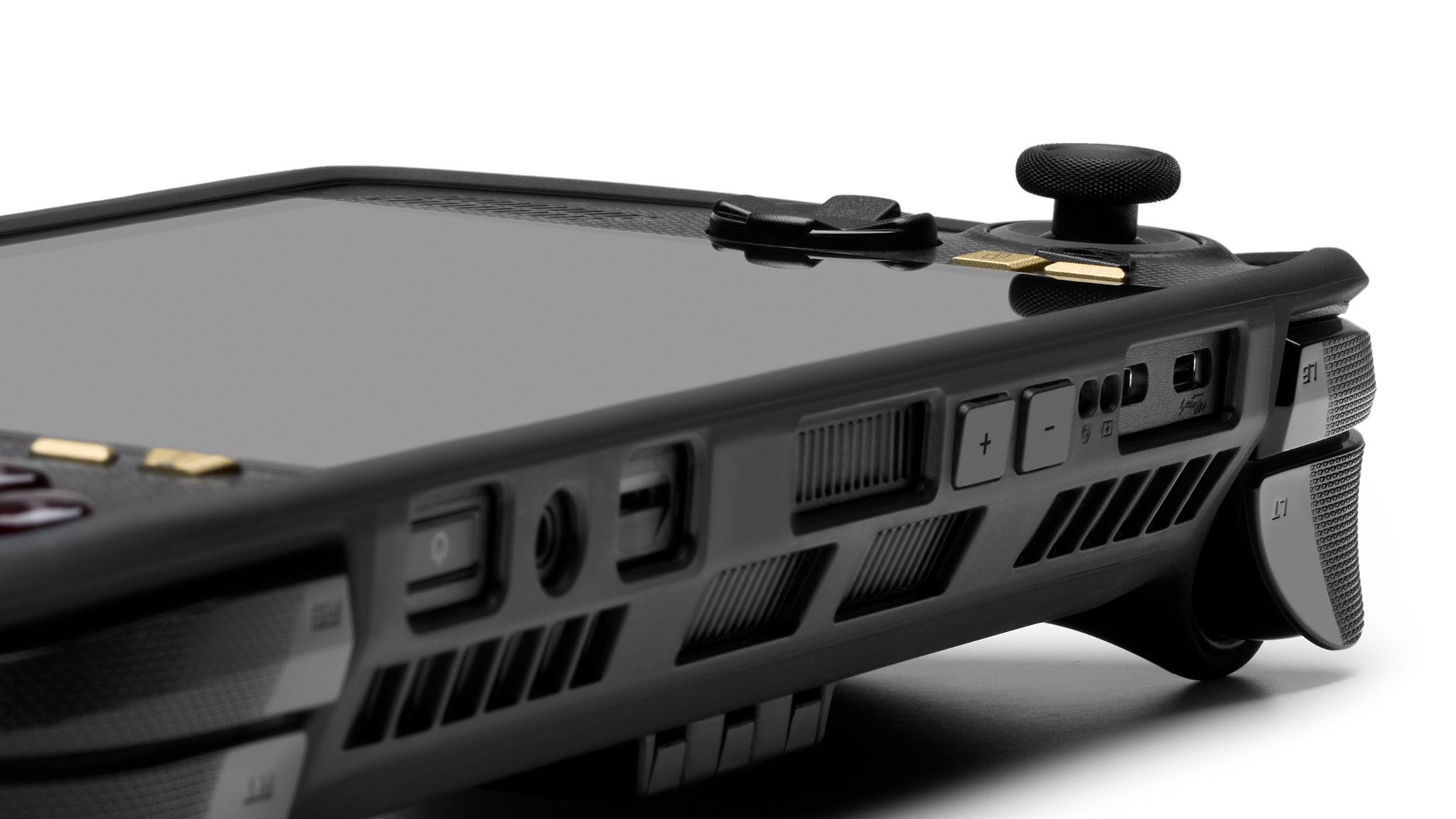 An ROG Xbox Ally X20 laid on a flat surface, with the top interface of the device facing the viewer. The volume buttons, ports, and left triggers are all visible in the frame, with the Killswitch Case applied to the device. 