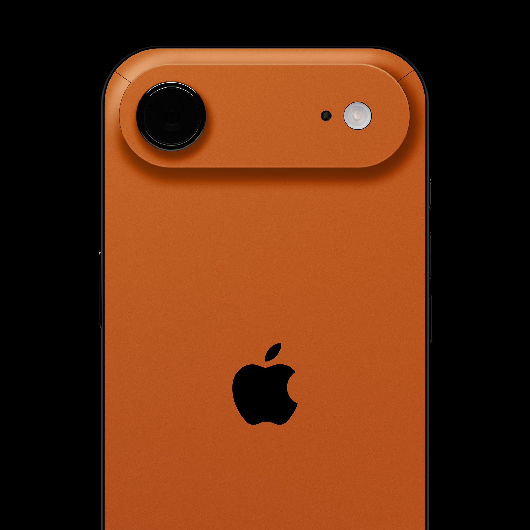 The back of a Cosmic Orange iPhone 17 Pro Max, skinned with our Cosmic Orange Skin. The camera cutouts, LIDAR/flash cutouts, and the logo cutout are all unobstructed.