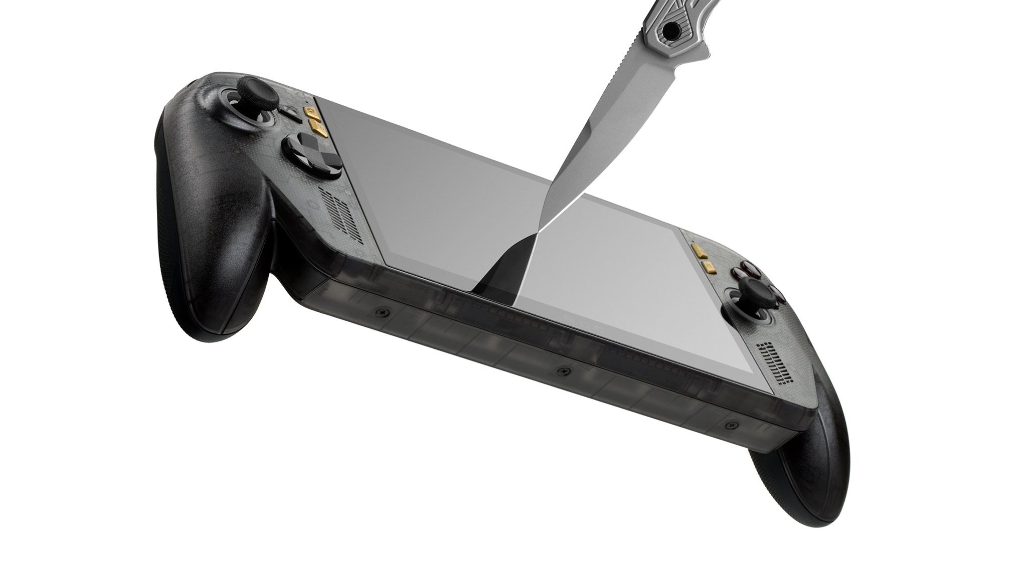 An ROG Xbox Ally X20, with our Prism Tempered Glass applied to the screen. The tip of a switchblade knife is pressed against the glass at a downward angle.