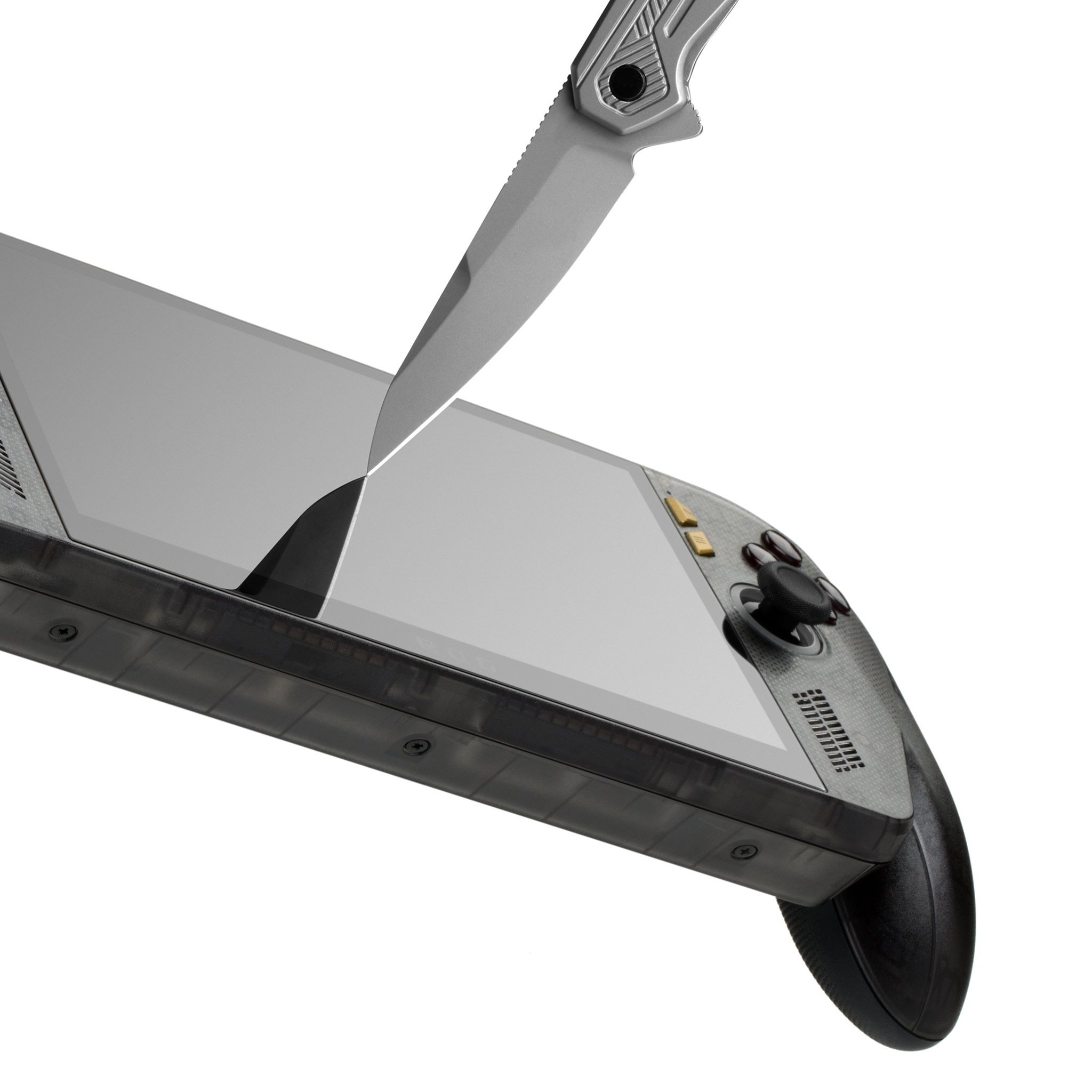 An ROG Xbox Ally X20, with our Prism Tempered Glass applied to the screen. The tip of a switchblade knife is pressed against the glass at a downward angle.