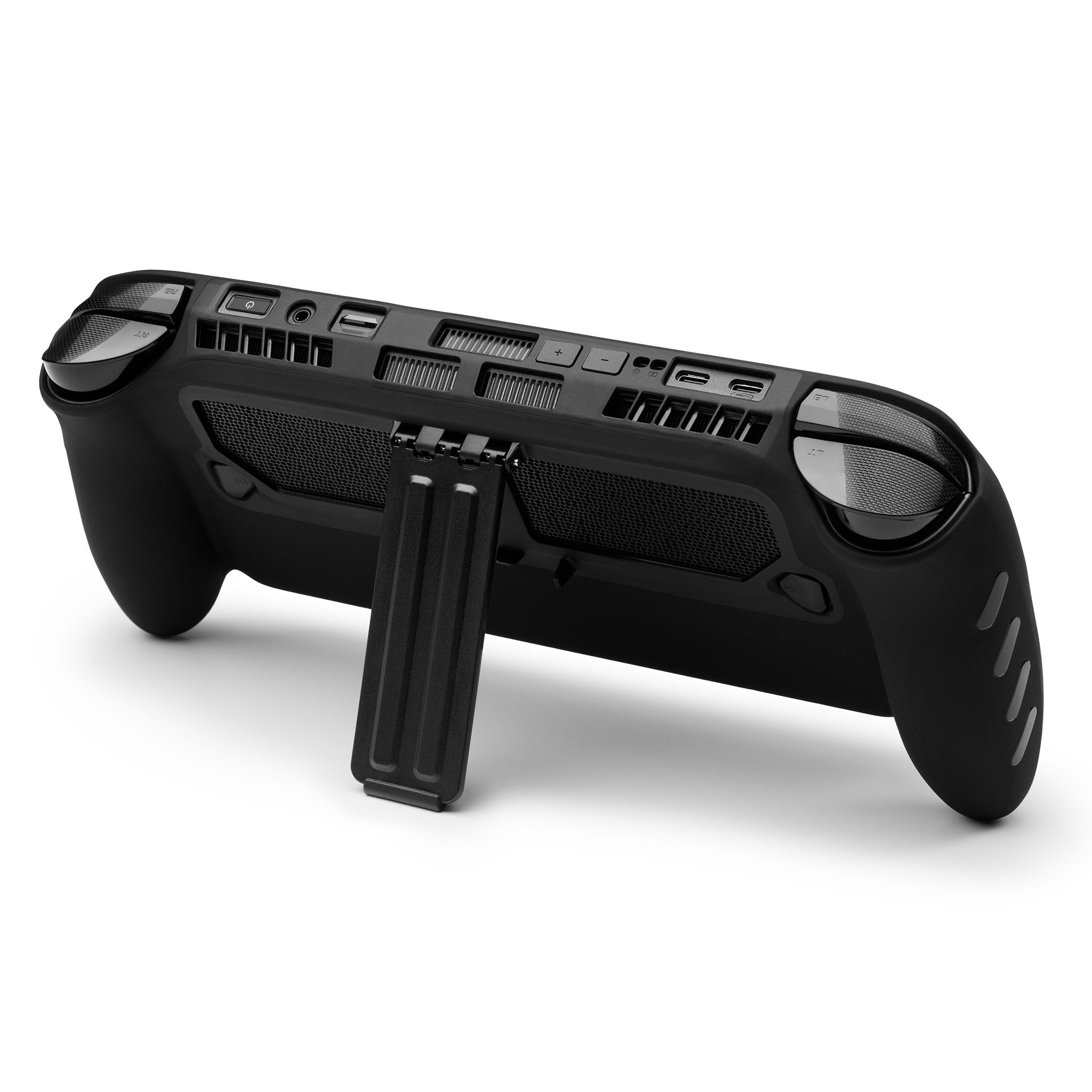 An ROG Xbox Ally X20 with our Killswitch Case applied, seen from the back. The built-in mechanical kickstand can be seen on the back, propping up the device. 