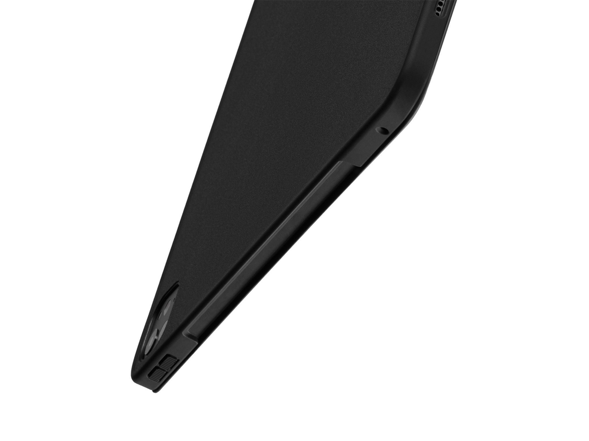 The back of an iPad Pro 13" (M5) that has our Folio Grip Case applied to it, shown at a downward angle as if it were about to hit the floor.