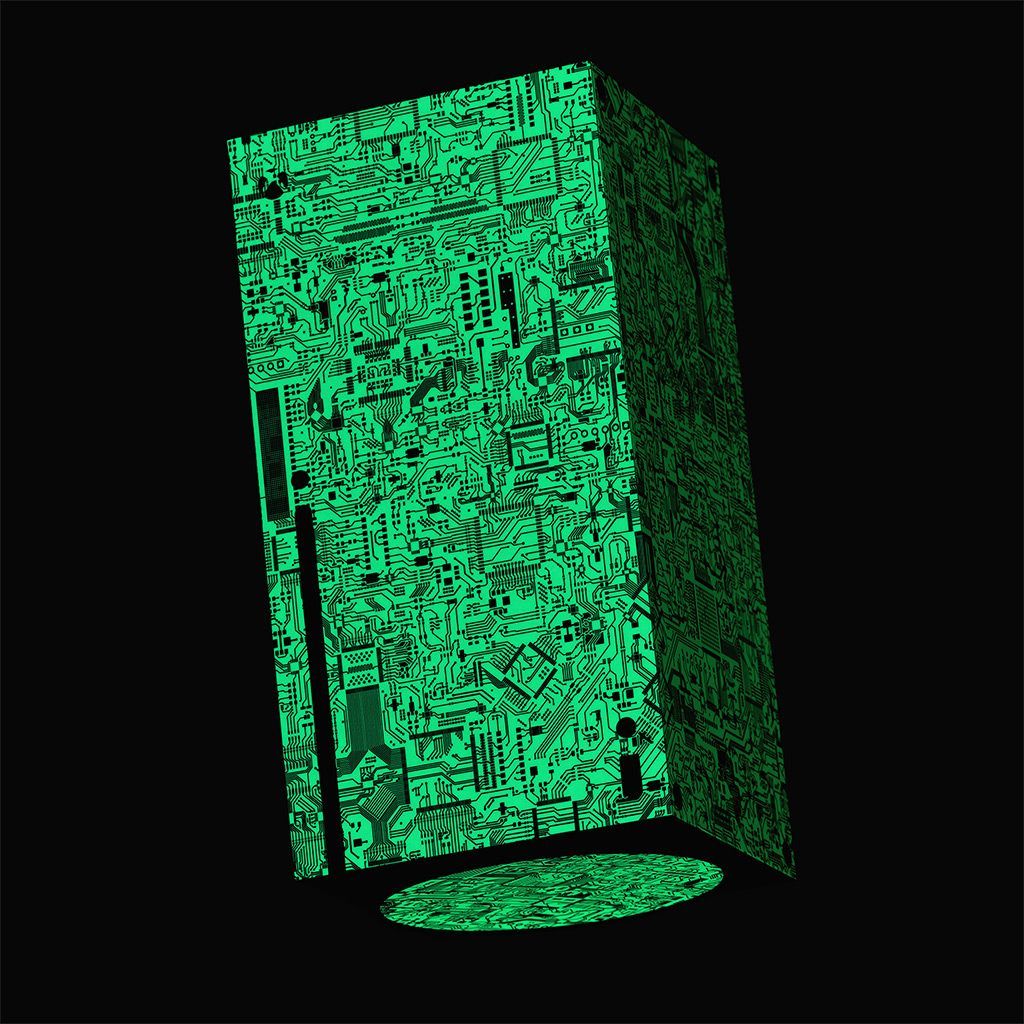 An Xbox Series X seen at a back angle. The device has our Circuit Board Skin on it, showing the fluorescent green tone of the material on a black background.