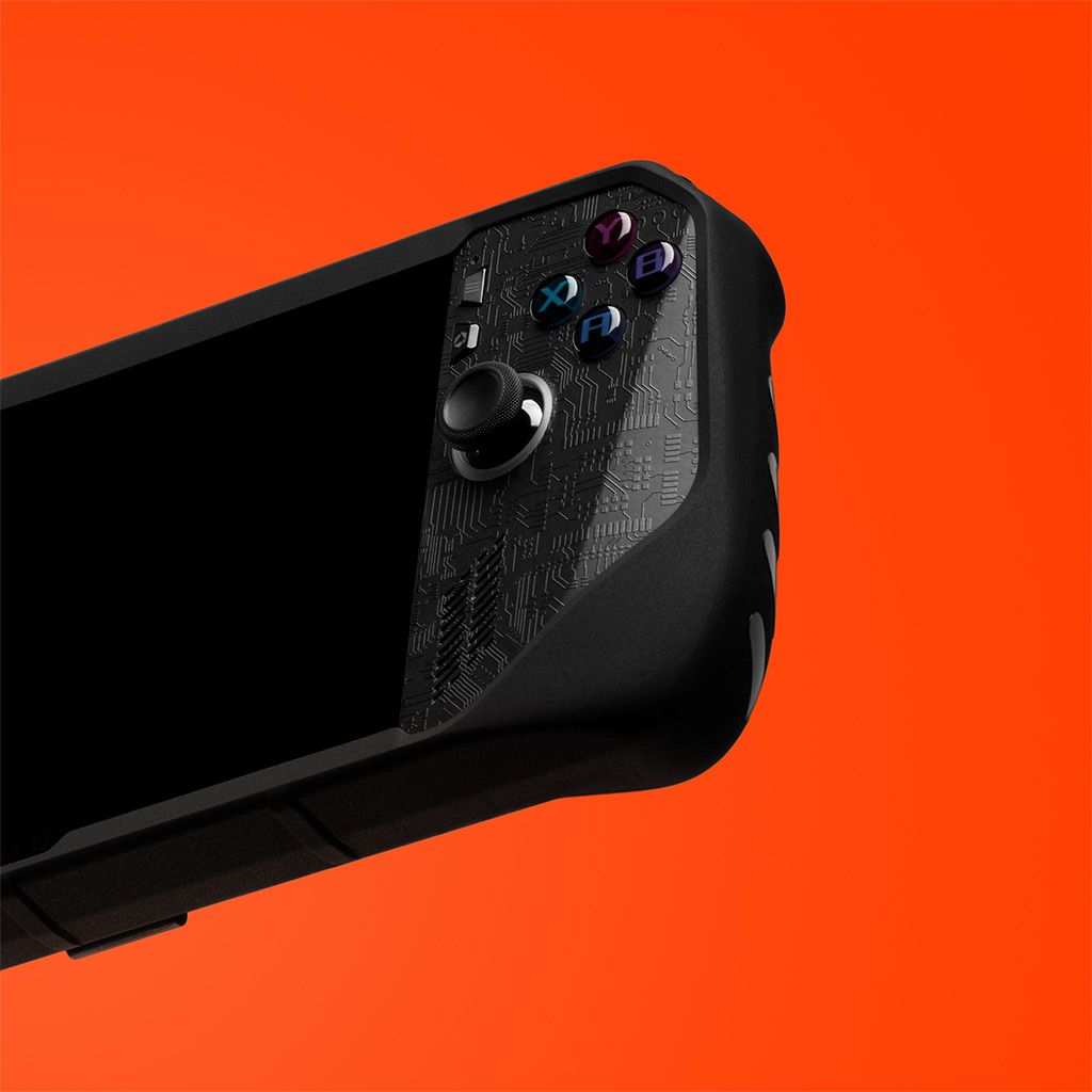 An ROG Ally with our Killswitch, seen from the front. The right side of the console is visible - our Dark Circuit Skin can be seen applied to the front face of the console.
