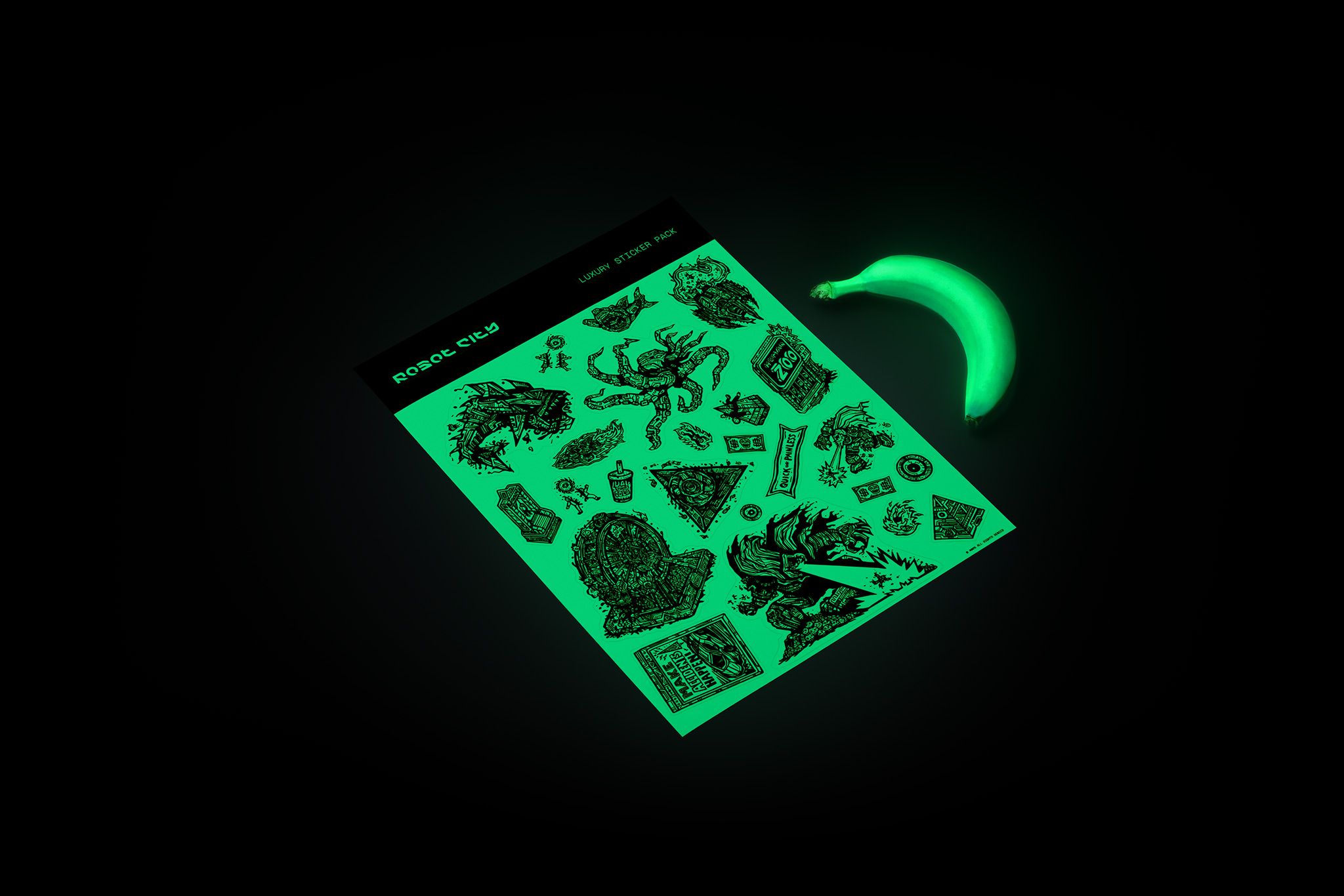 Robot City Luxury Sticker Pack with a rotten banana for scale