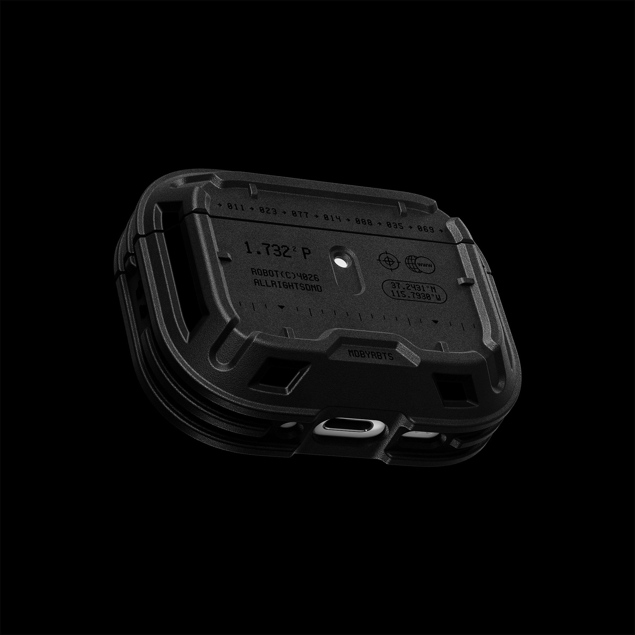 The front of an AirPods Pro 3 with our Tank Case applied, seen from an upward angle. 