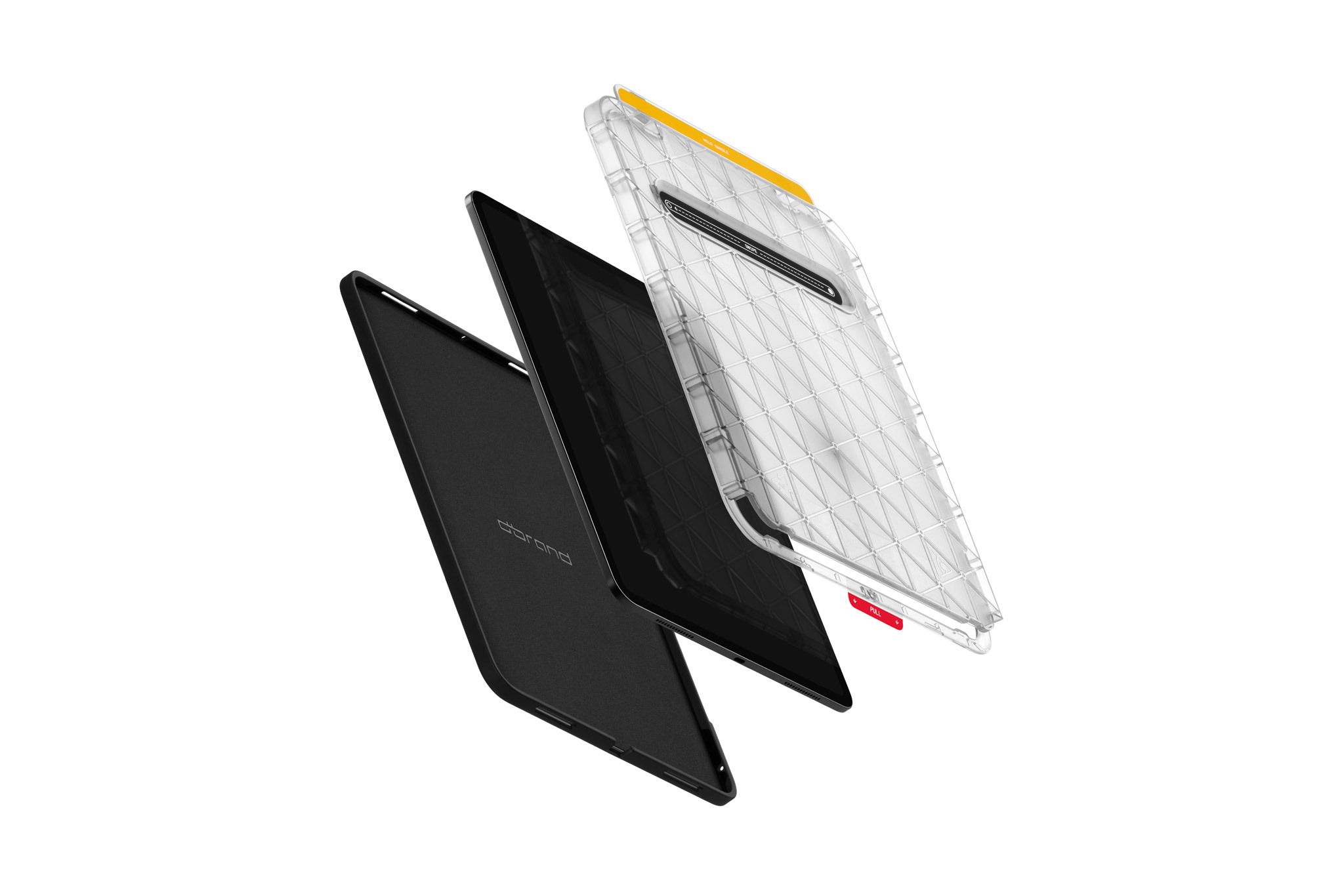 An iPad suspended in mid-air between a floating Folio Grip Case and Prism Screen Protector.