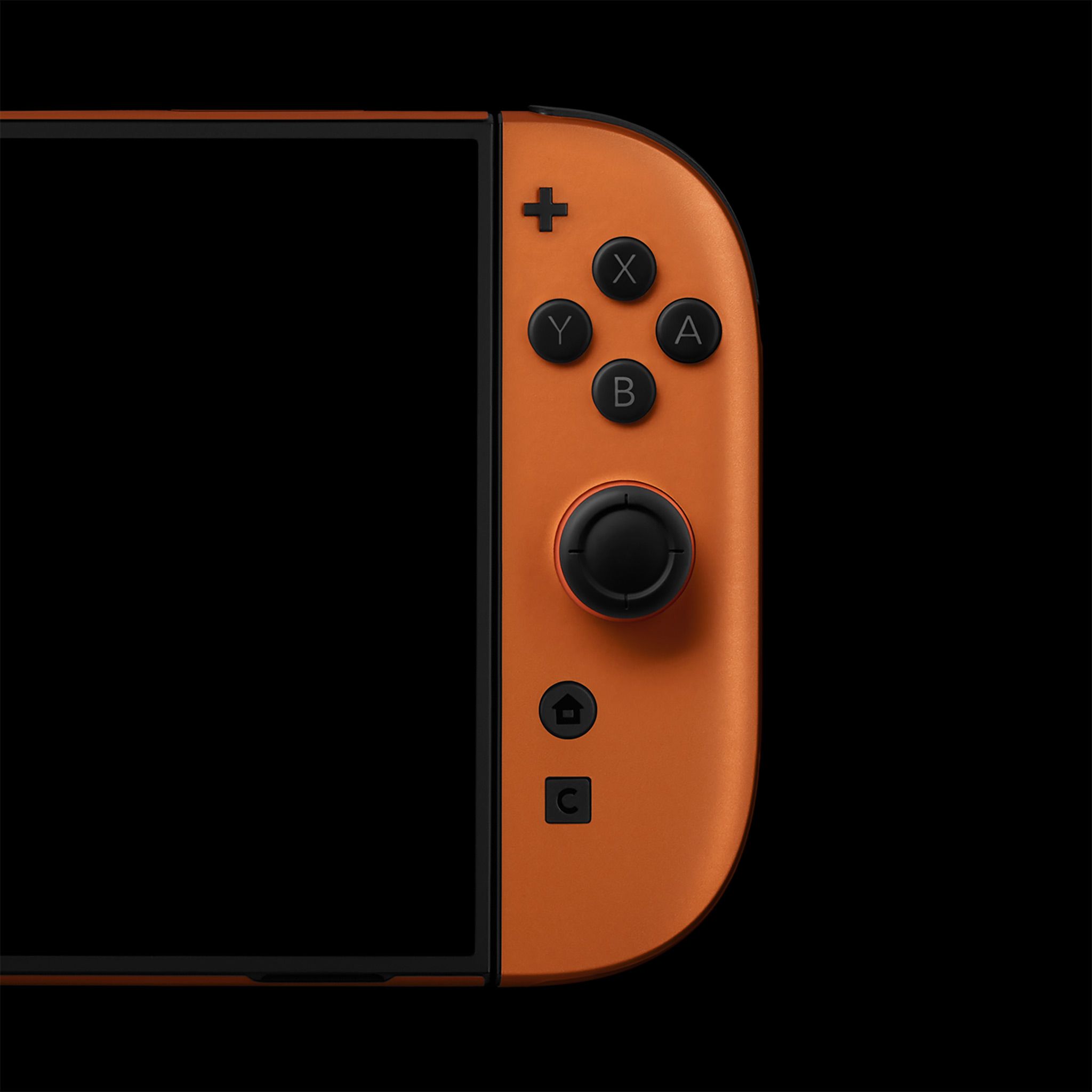 A close-up of the right side of a Nintendo Switch 2, displaying the right half of the console along with the right Joy-Con. The Joy-Con and the body of the Switch 2 are skinned with our Cosmic Orange Skin.