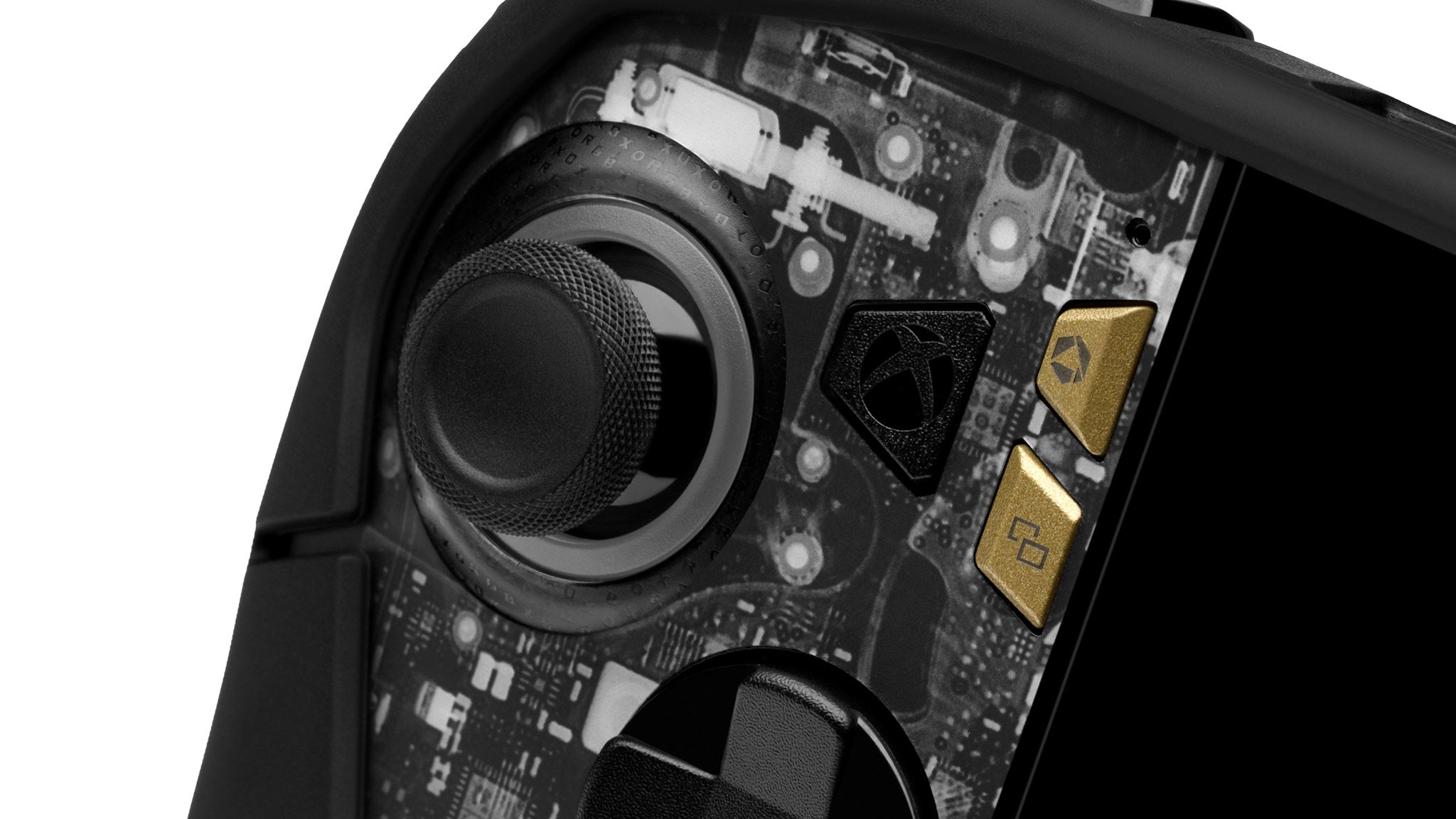 A close-up of the left side of an ROG Xbox Ally X20 with our X-Ray (Dark) Skin applied with the left thumbstick and the Xbox, Command Center, and View buttons visible. The skin mimicks an X-Ray Scan of the console.