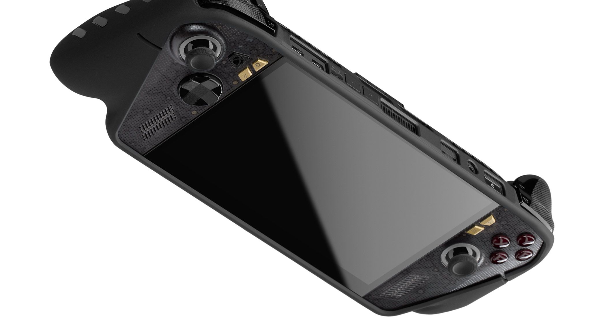 An ROG Xbox Ally X20, seen from below with the front face of the device visible to the viewer. The console has our Killswitch Case applied to it.