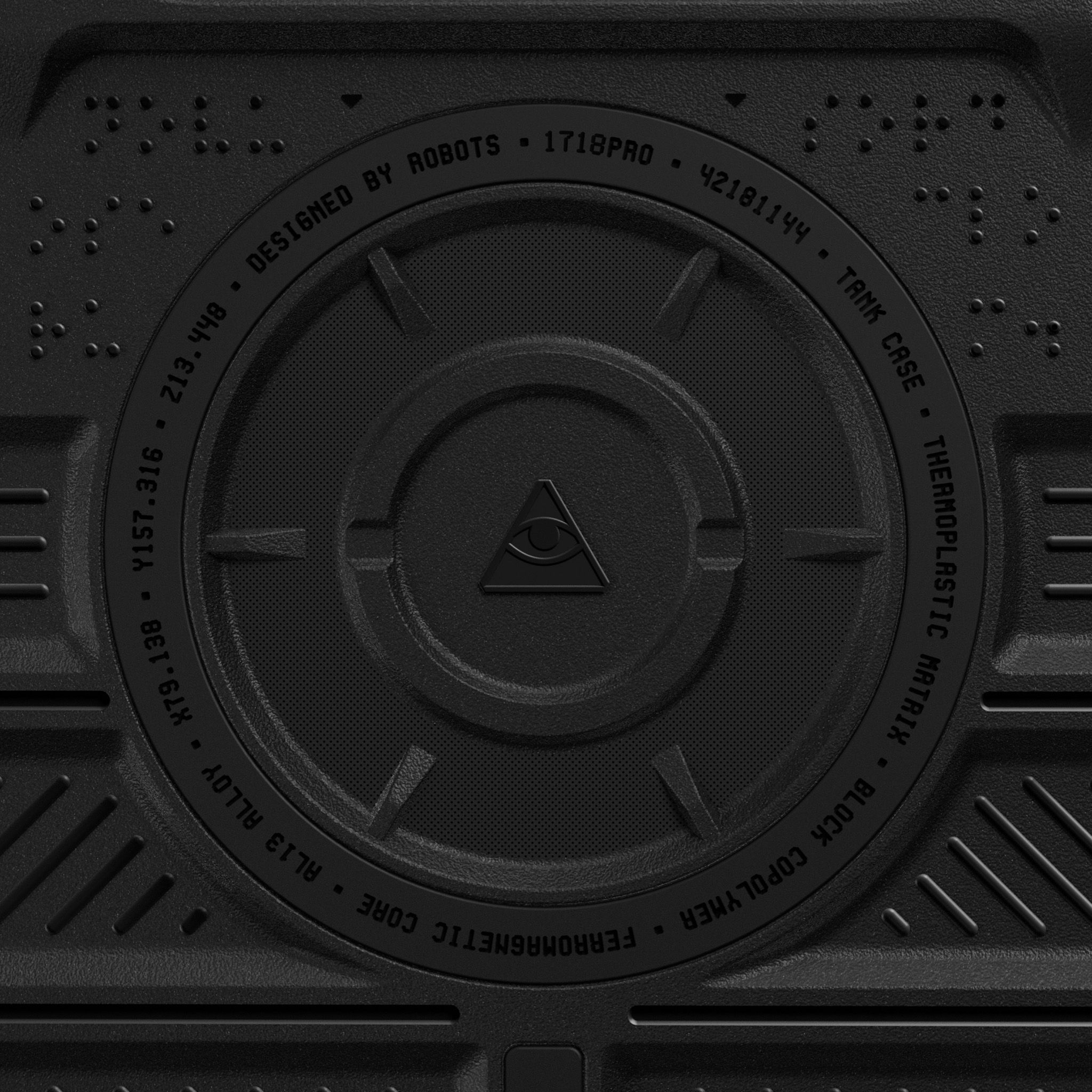 A close-up on the center magnetic module of our Tank Case, showing a triangle with an eye in the middle surrounded by ridges and text.