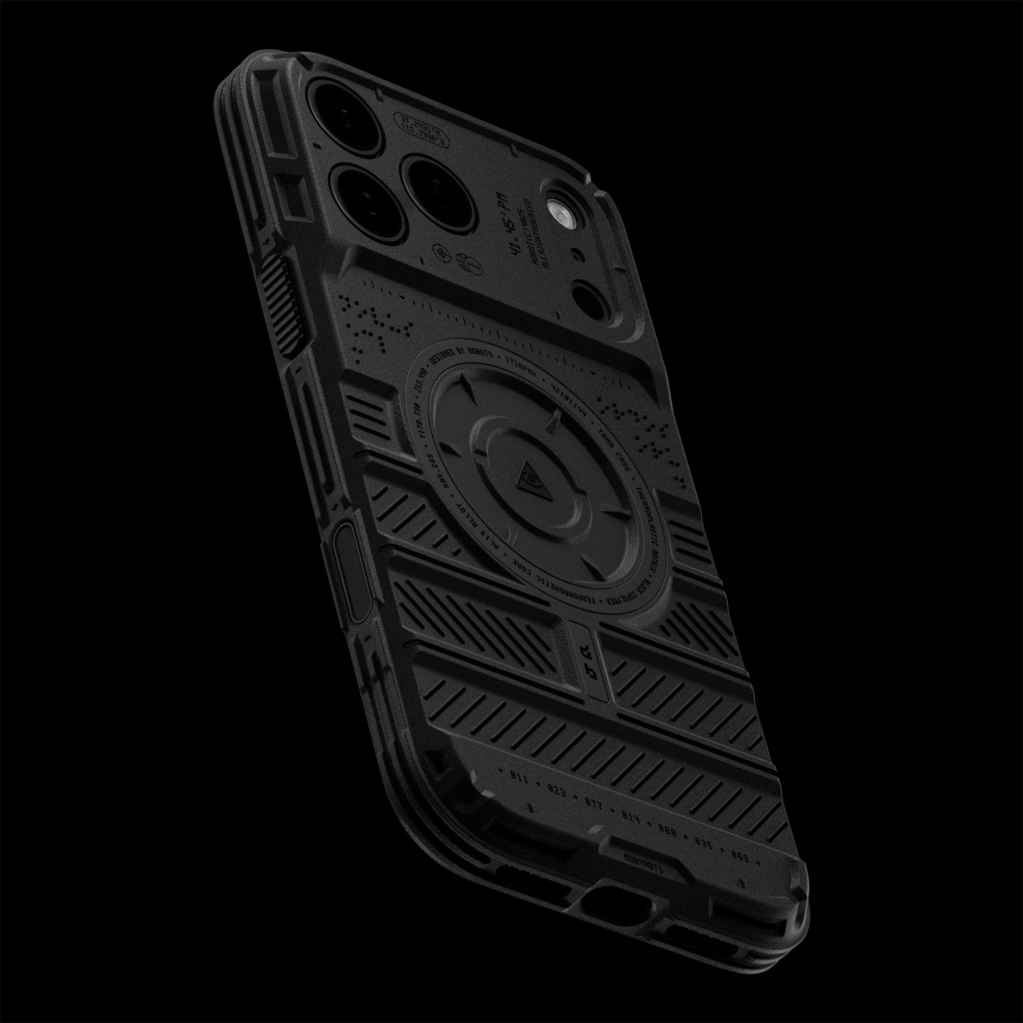 The back of an iPhone 18 Pro Max with our Tank Case on it, seen from an upward angle.