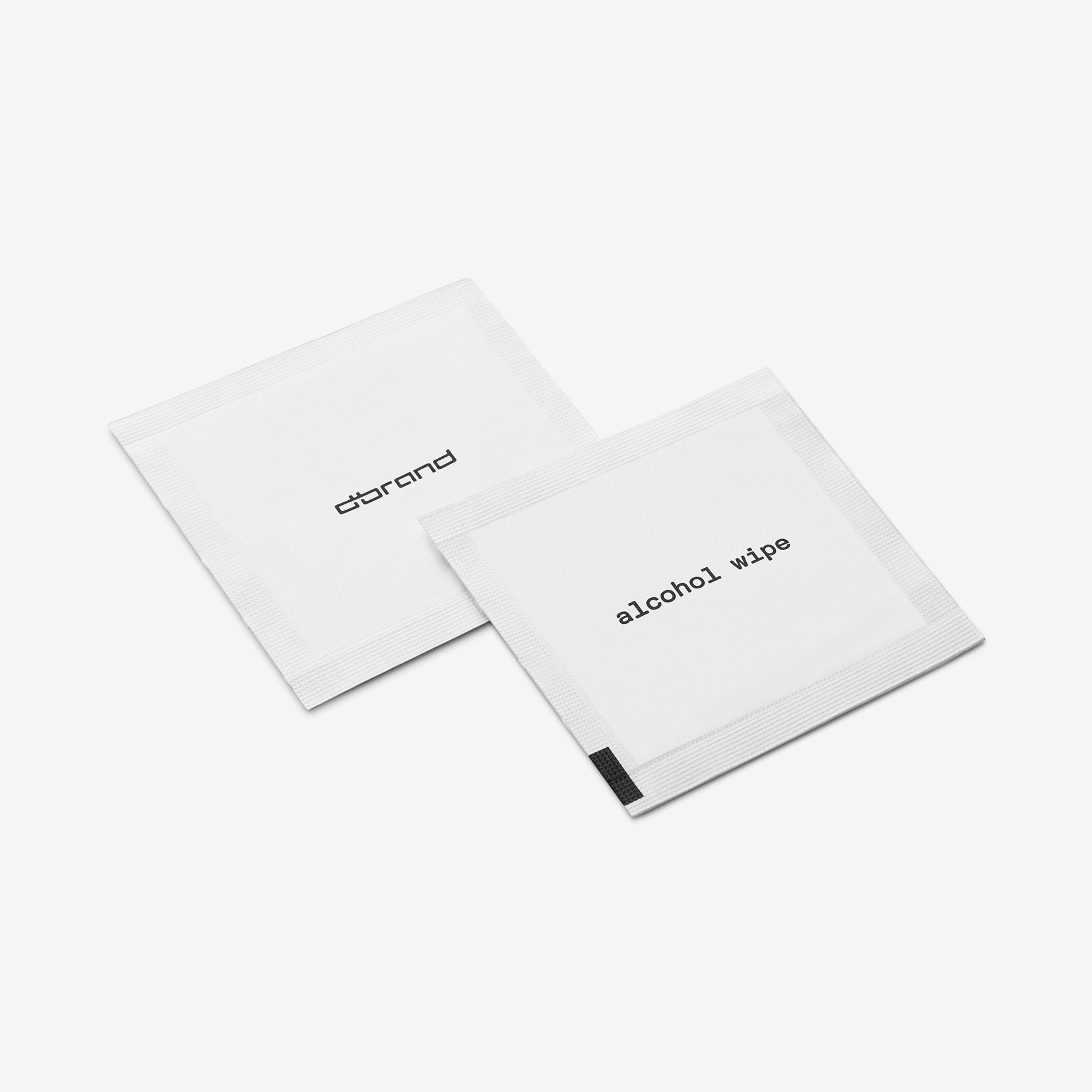 Two alcohol wipes in their packaging.
