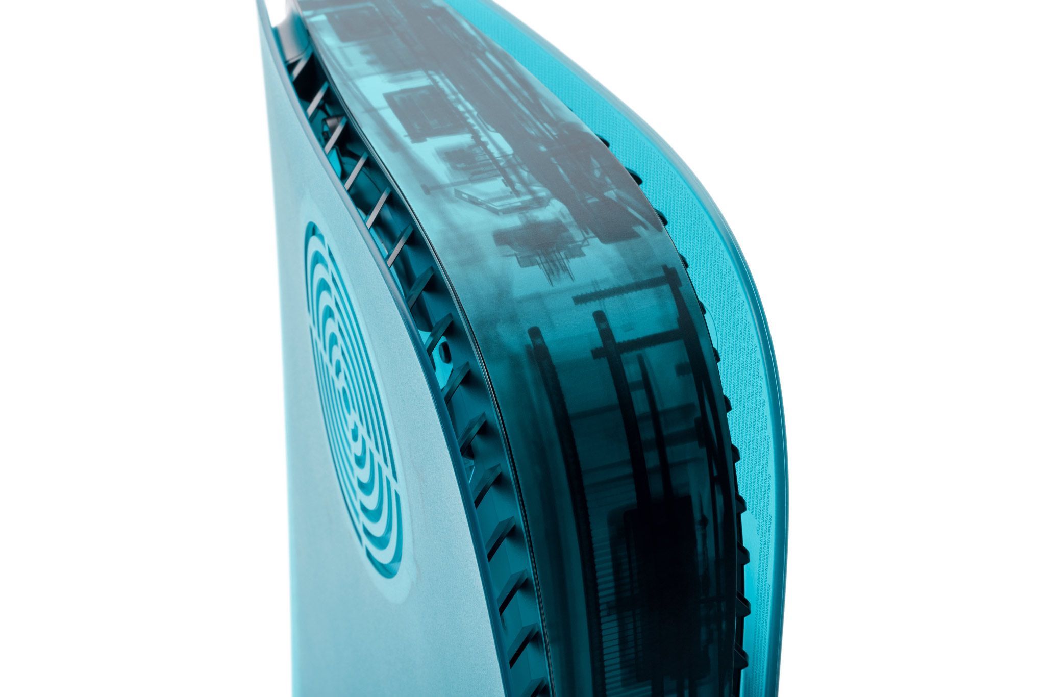 The top of a PlayStation 5 shown from the front, with our Ice Blue Darkplates and an Ice Blue Middle Skin applied. 